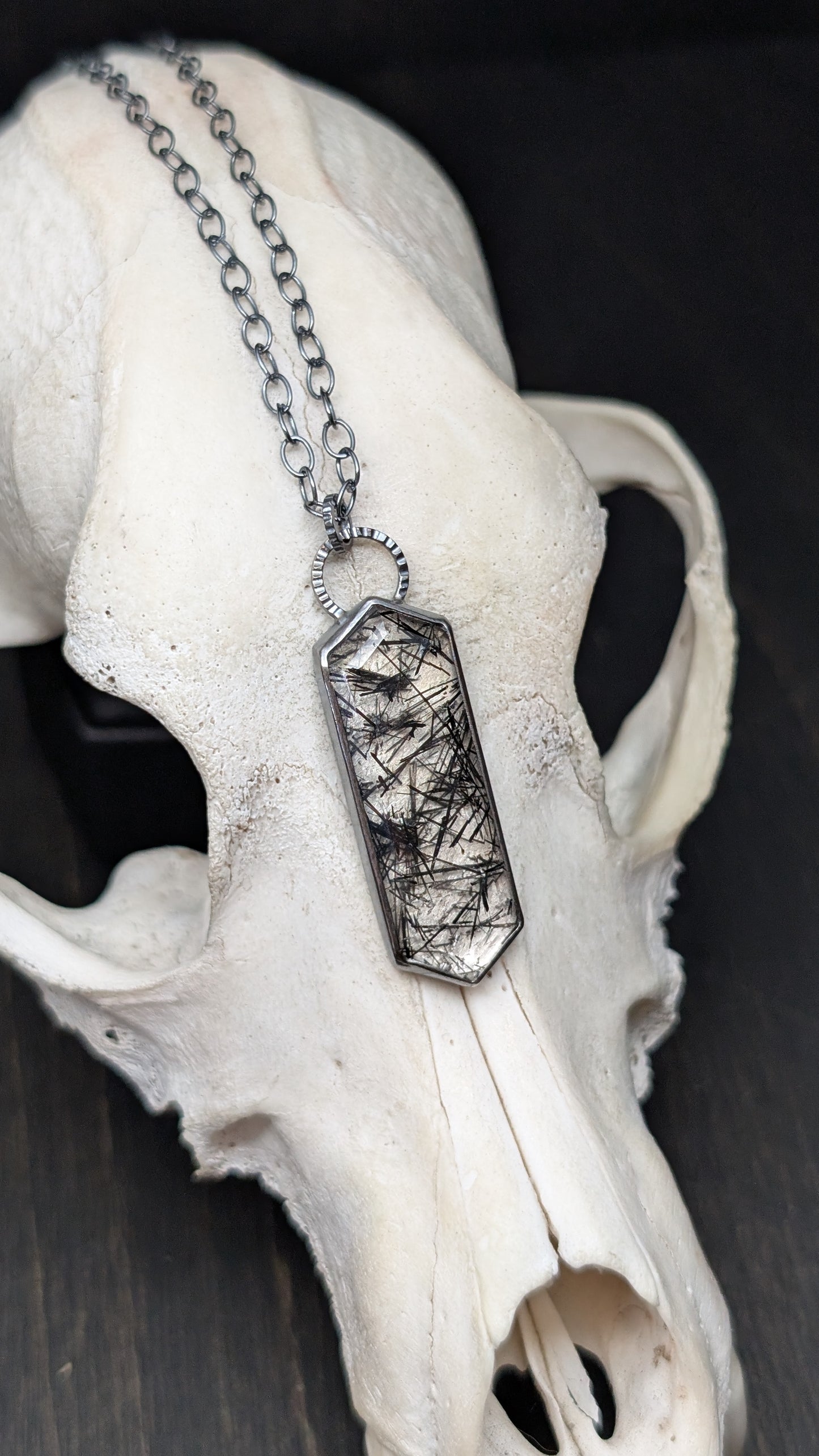 Black Tourmalated Quartz Tablet Textured Sterling Silver Necklace