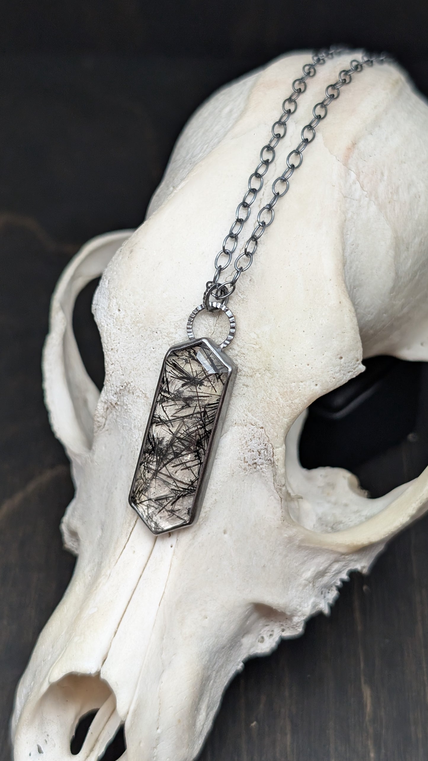 Black Tourmalated Quartz Tablet Textured Sterling Silver Necklace