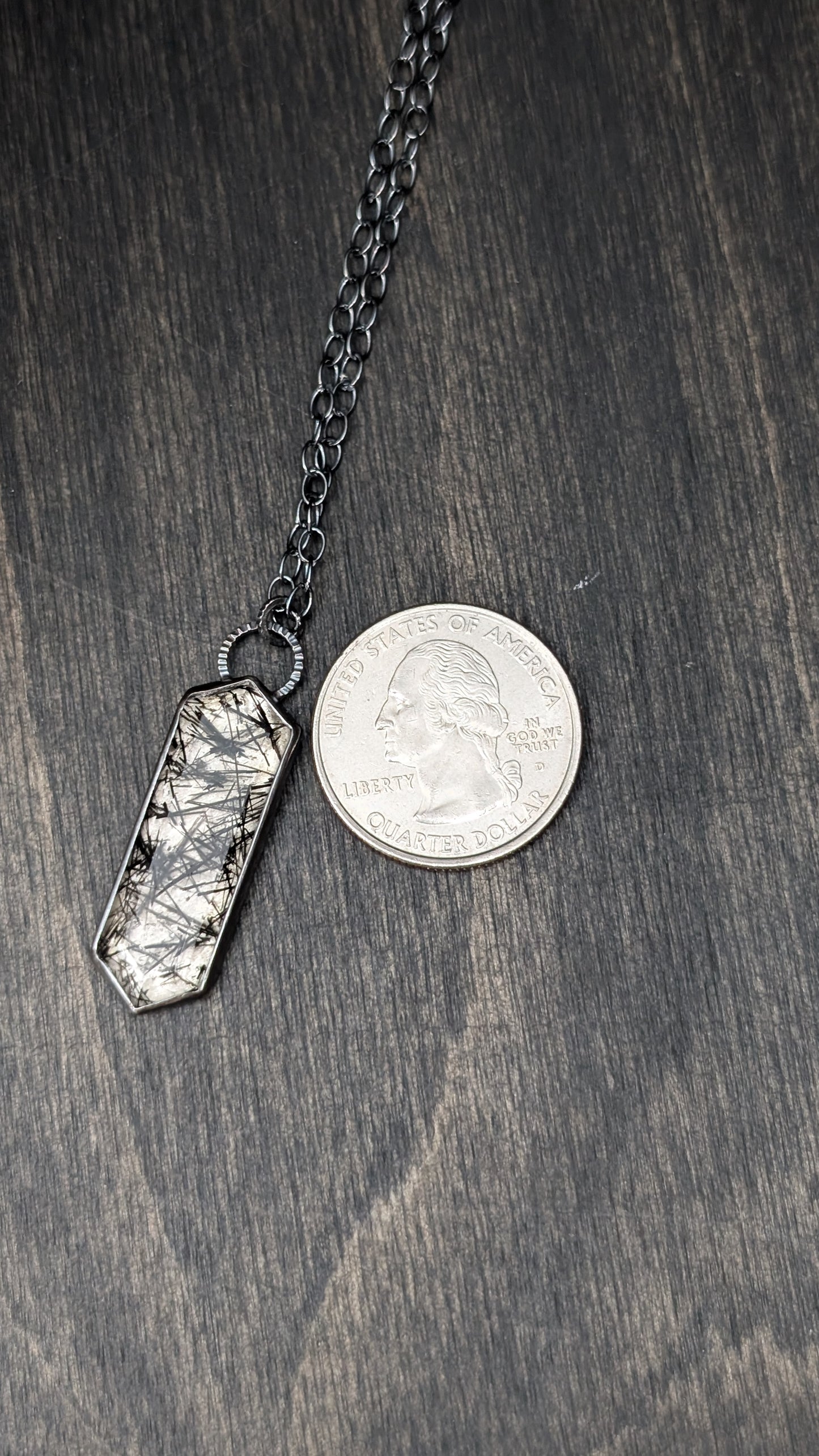 Black Tourmalated Quartz Tablet Textured Sterling Silver Necklace