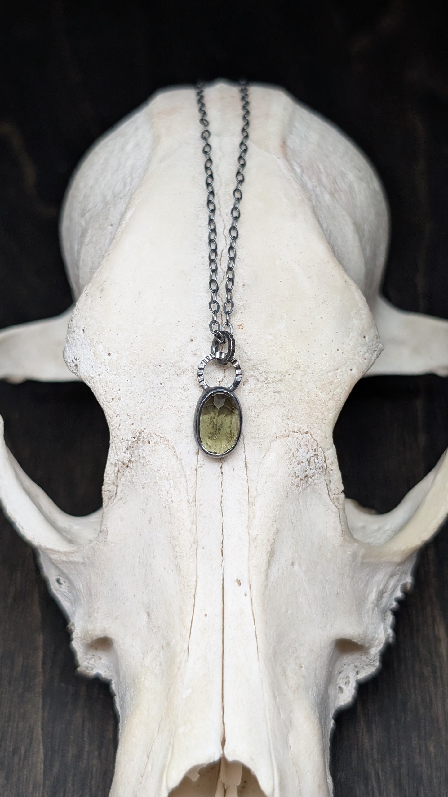Mini Moldavite Facted Oval Textured Sterling Silver Necklace