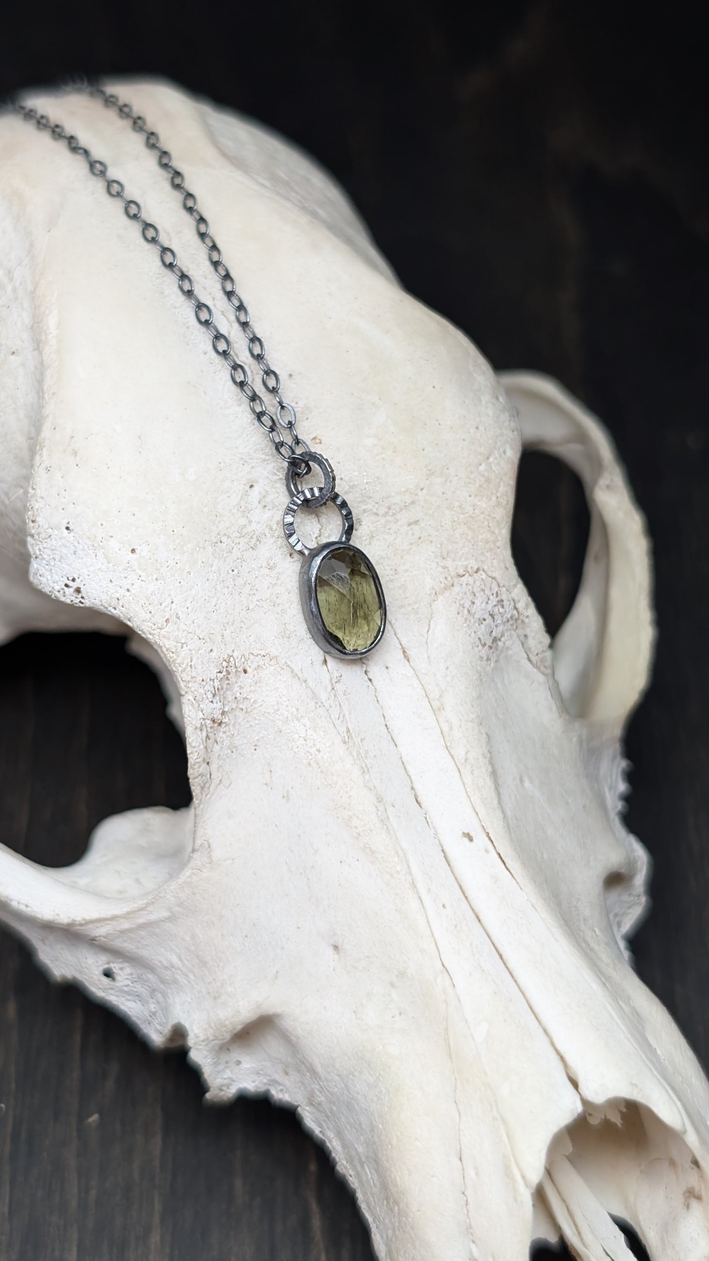 Mini Moldavite Facted Oval Textured Sterling Silver Necklace