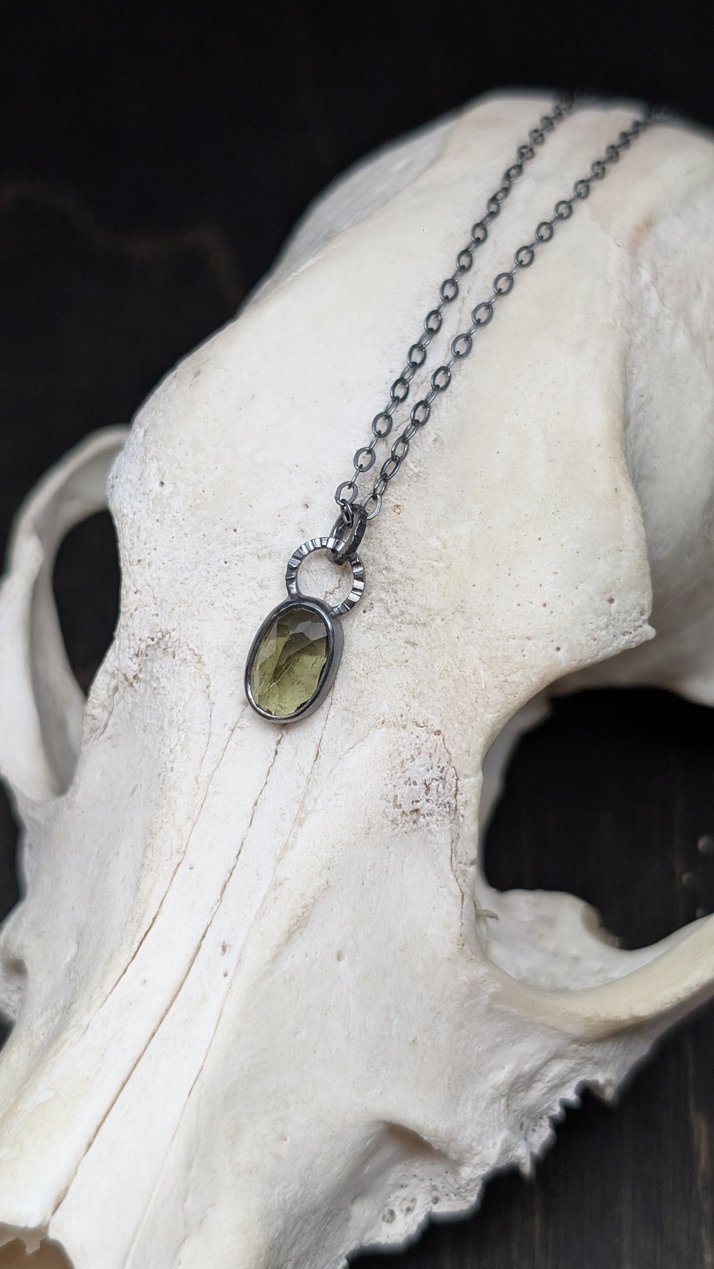 Mini Moldavite Facted Oval Textured Sterling Silver Necklace