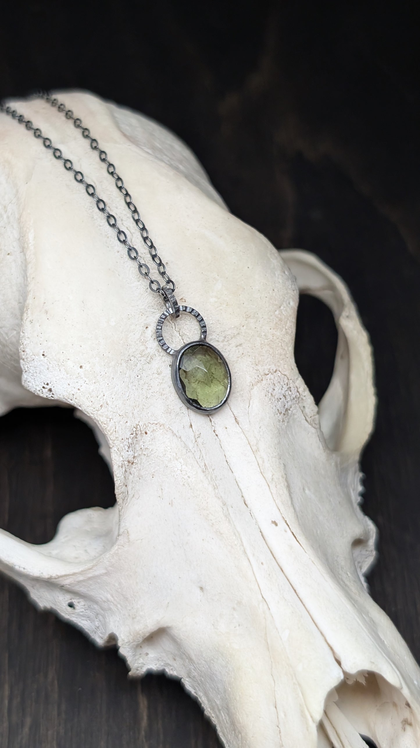 Small Moldavite Facted Oval Textured Sterling Silver Necklace