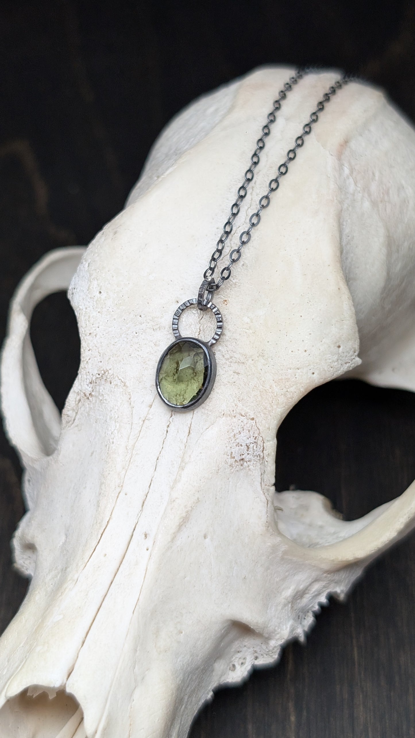 Small Moldavite Facted Oval Textured Sterling Silver Necklace
