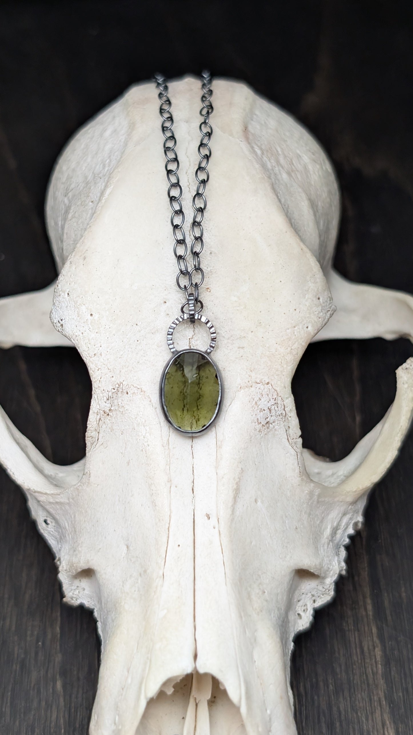Moldavite Facted Oval Textured Sterling Silver Necklace