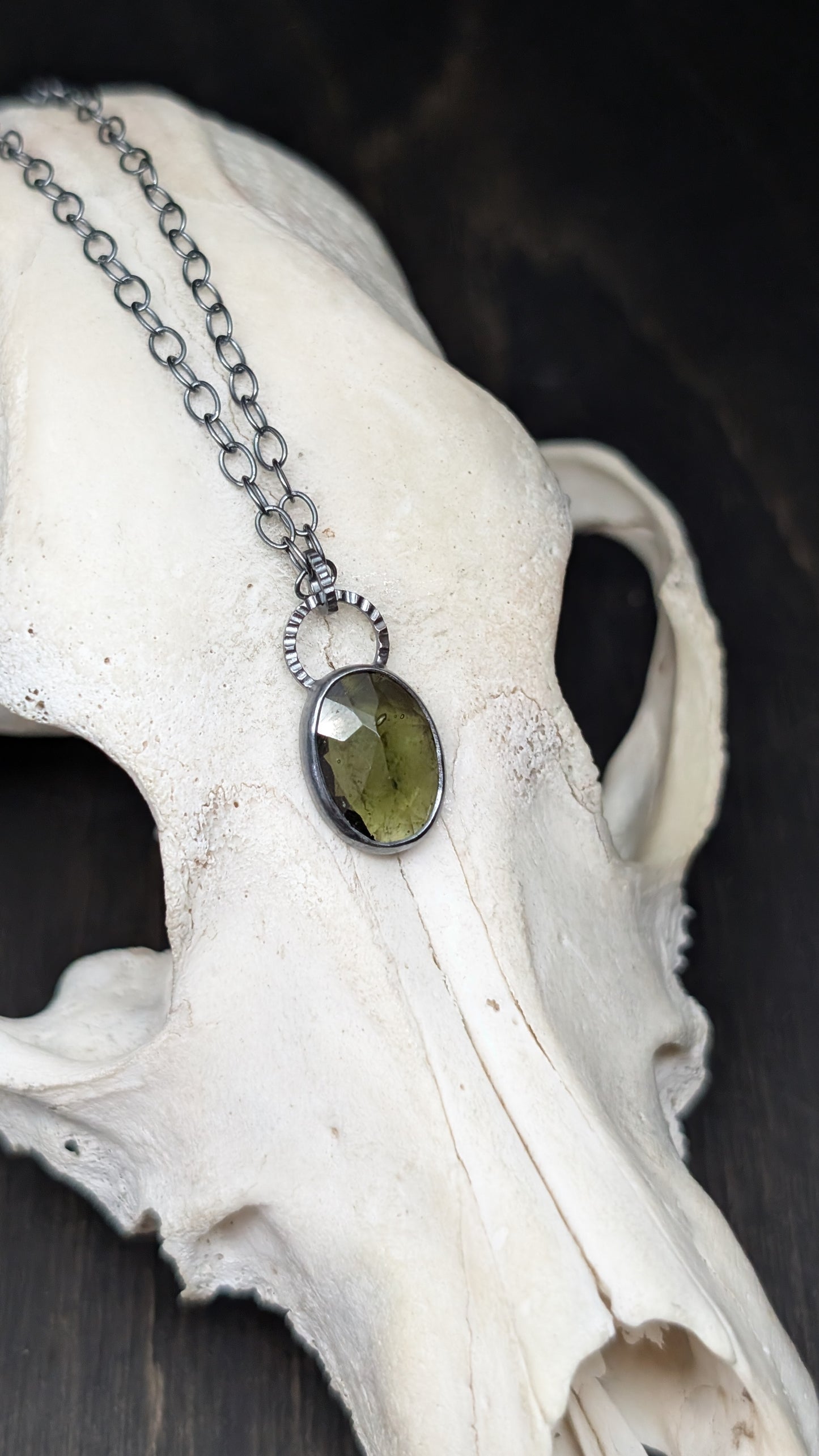 Moldavite Facted Oval Textured Sterling Silver Necklace