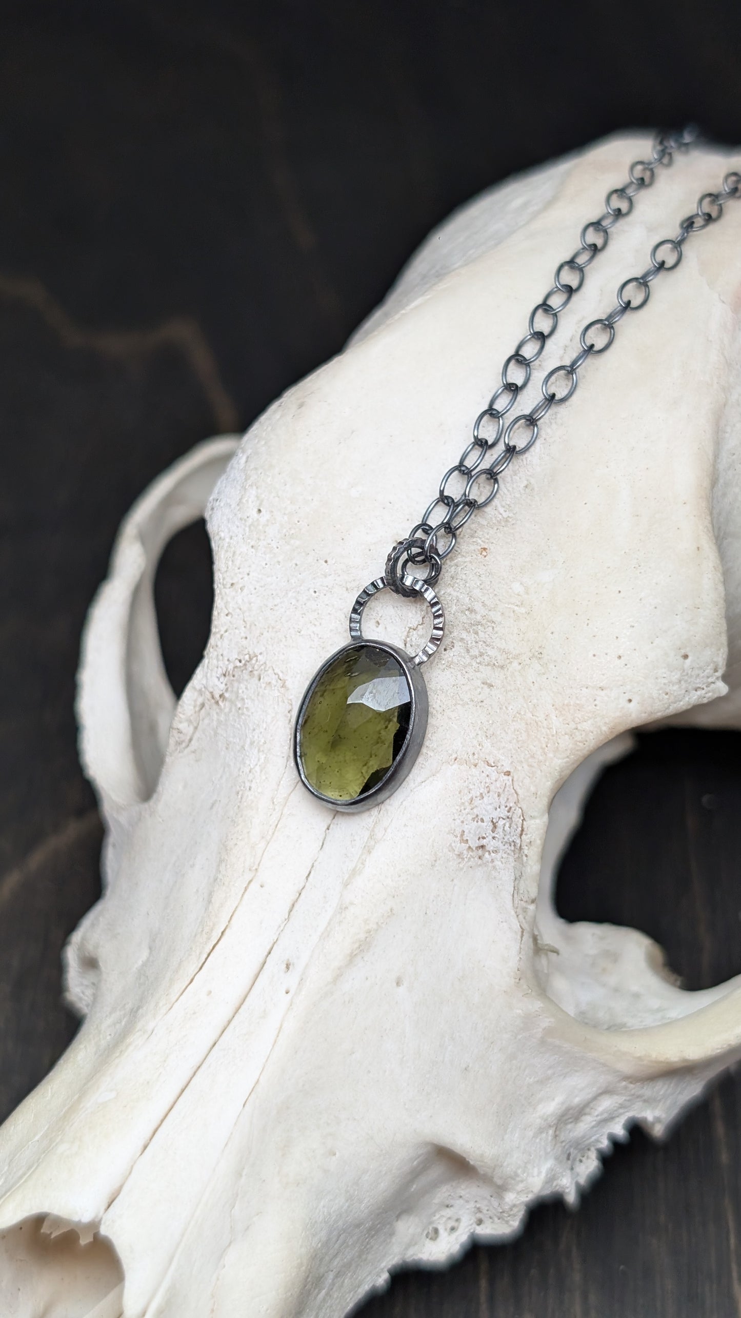 Moldavite Facted Oval Textured Sterling Silver Necklace