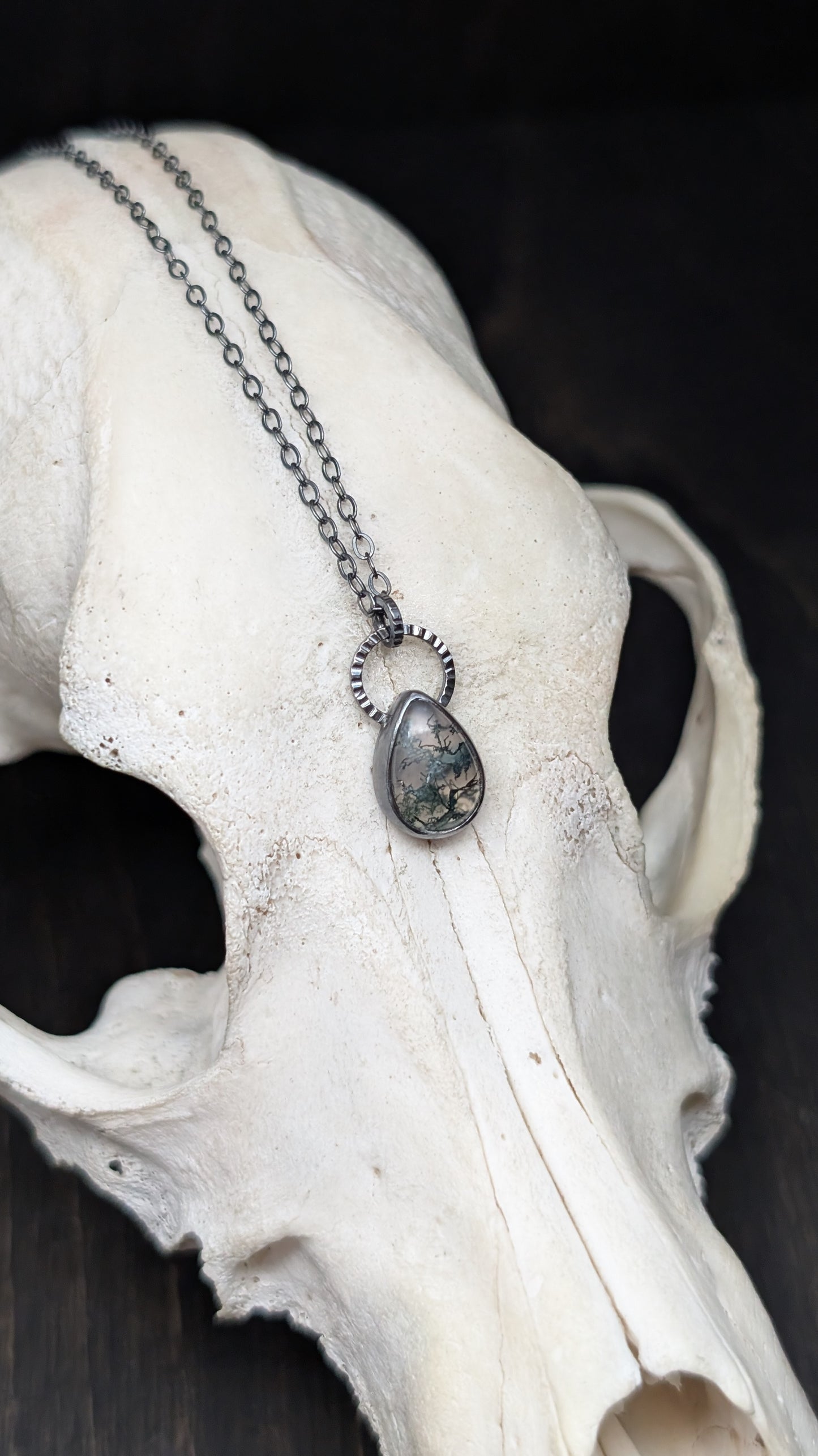 Mini Teardrop Moss Agate Teardrop Textured Sterling Silver Necklace