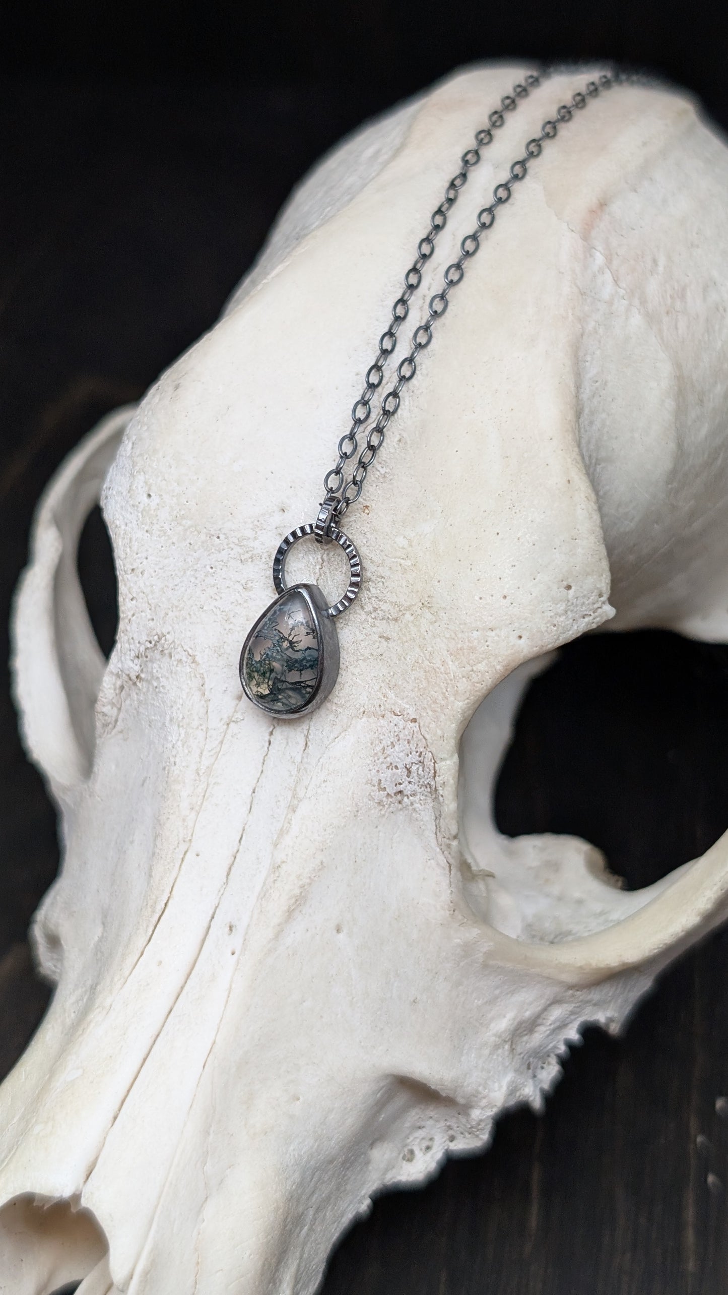 Mini Teardrop Moss Agate Teardrop Textured Sterling Silver Necklace