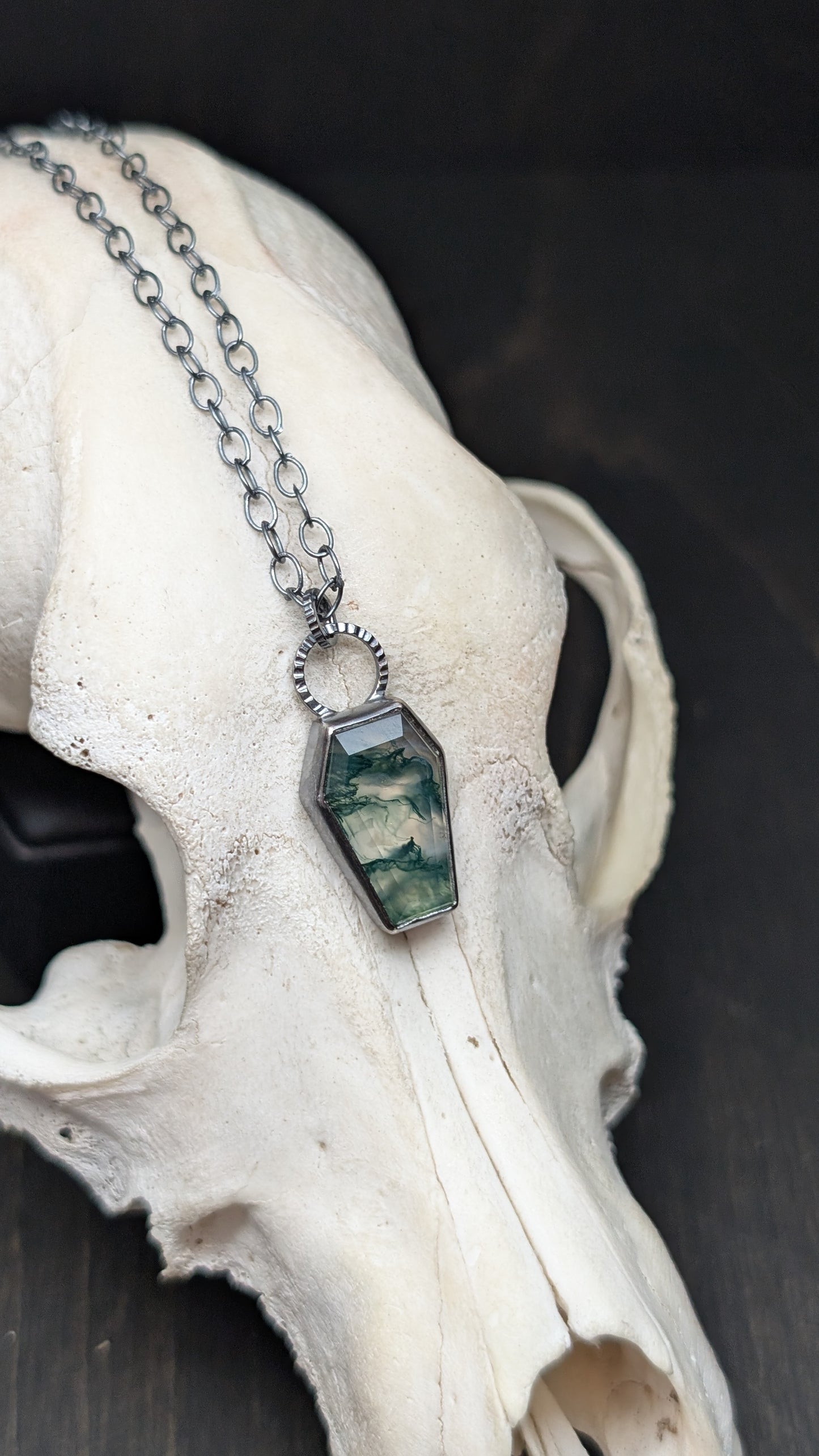 Moss Agate Coffin Textured Sterling Silver Necklace