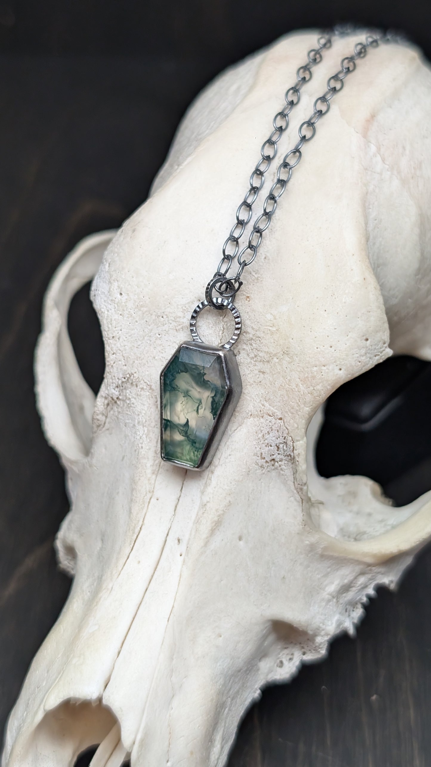 Moss Agate Coffin Textured Sterling Silver Necklace