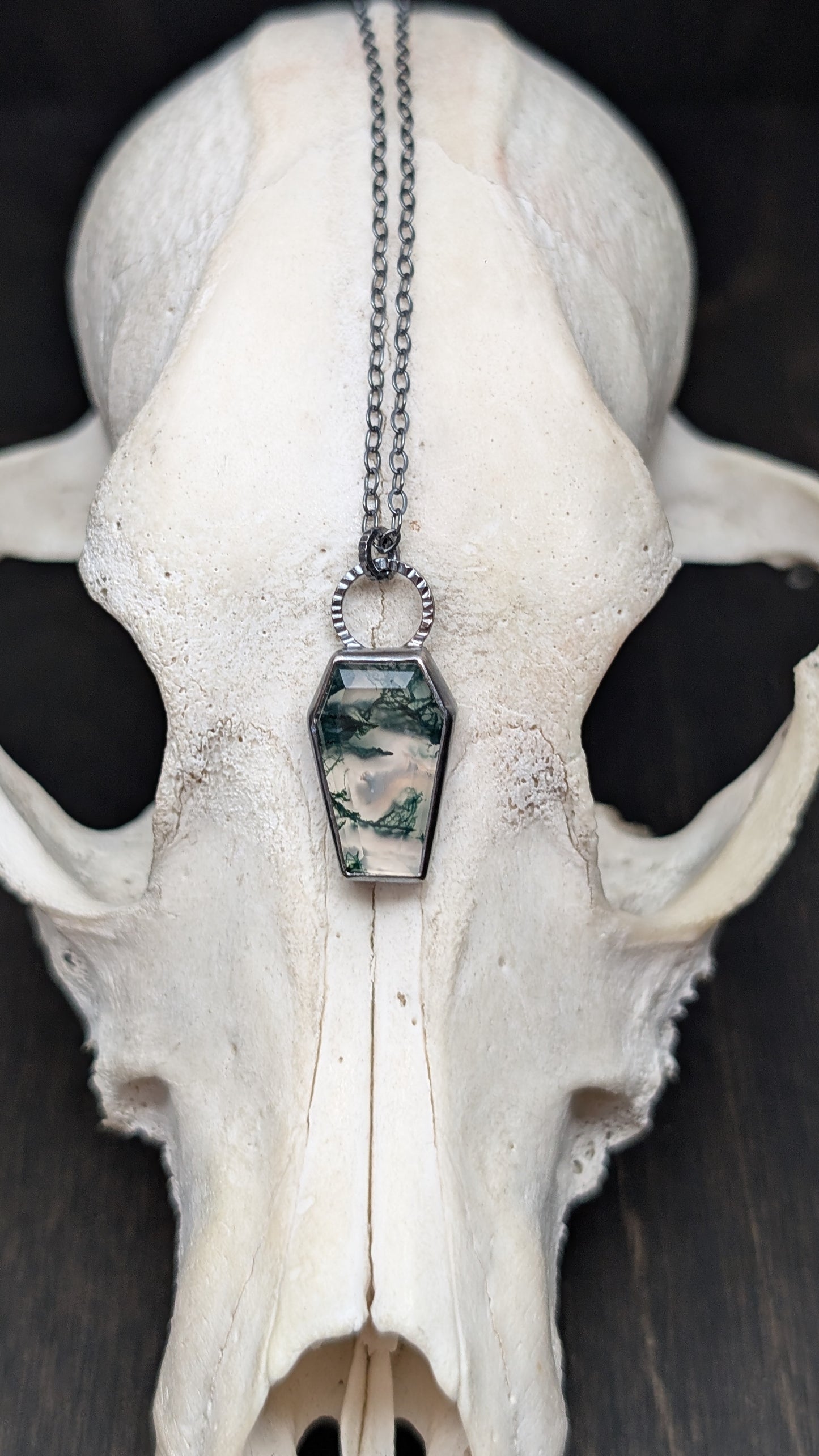 Moss Agate Coffin Textured Sterling Silver Necklace