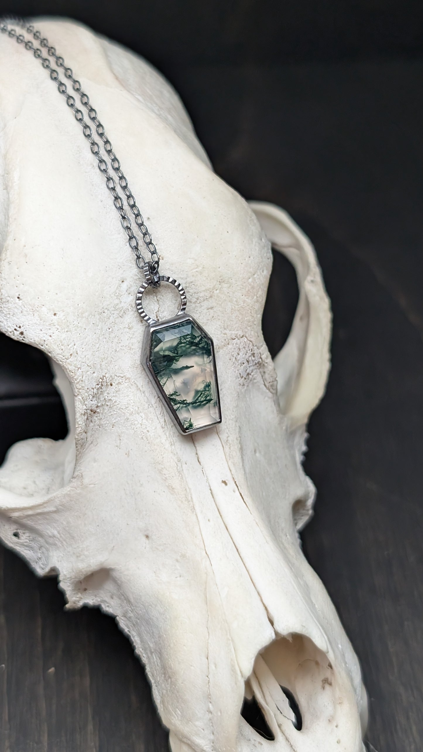 Moss Agate Coffin Textured Sterling Silver Necklace