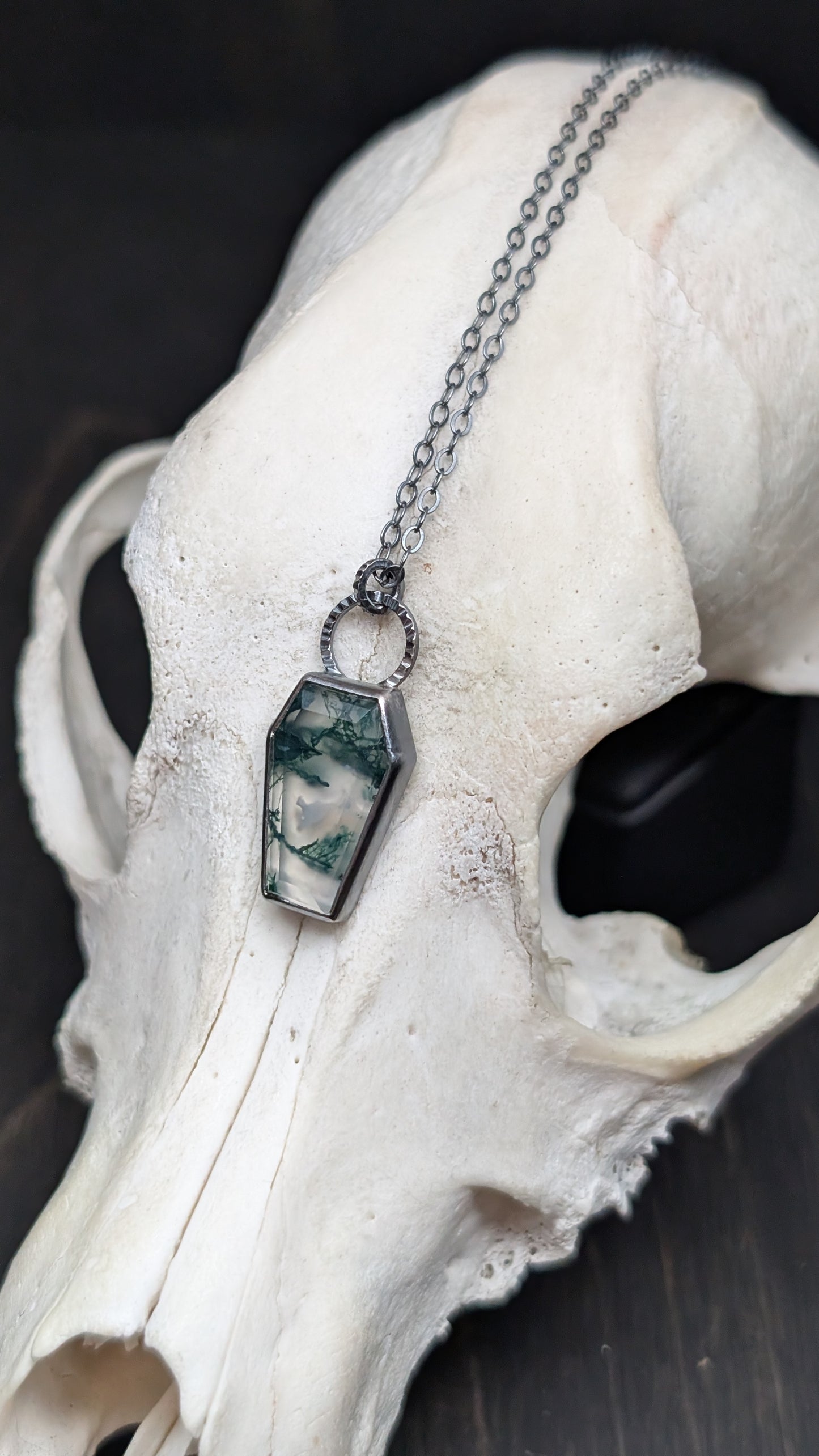 Moss Agate Coffin Textured Sterling Silver Necklace