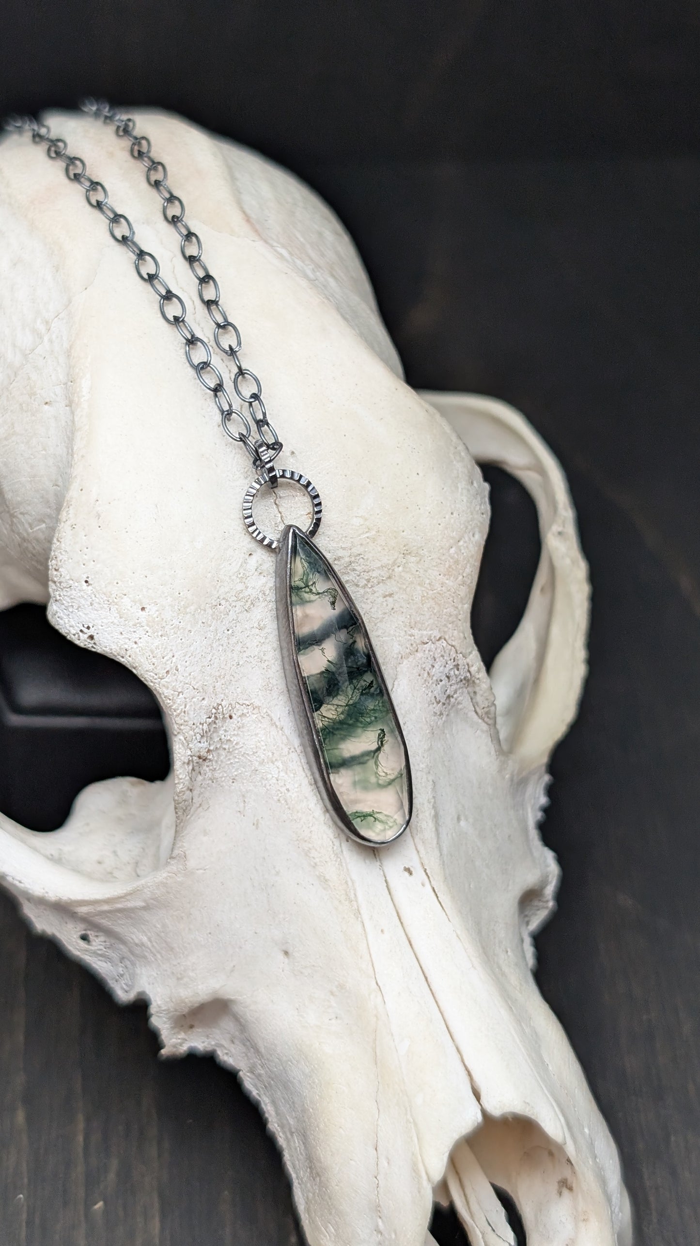 Moss Agate Long Teardrop Textured Sterling Silver Necklace