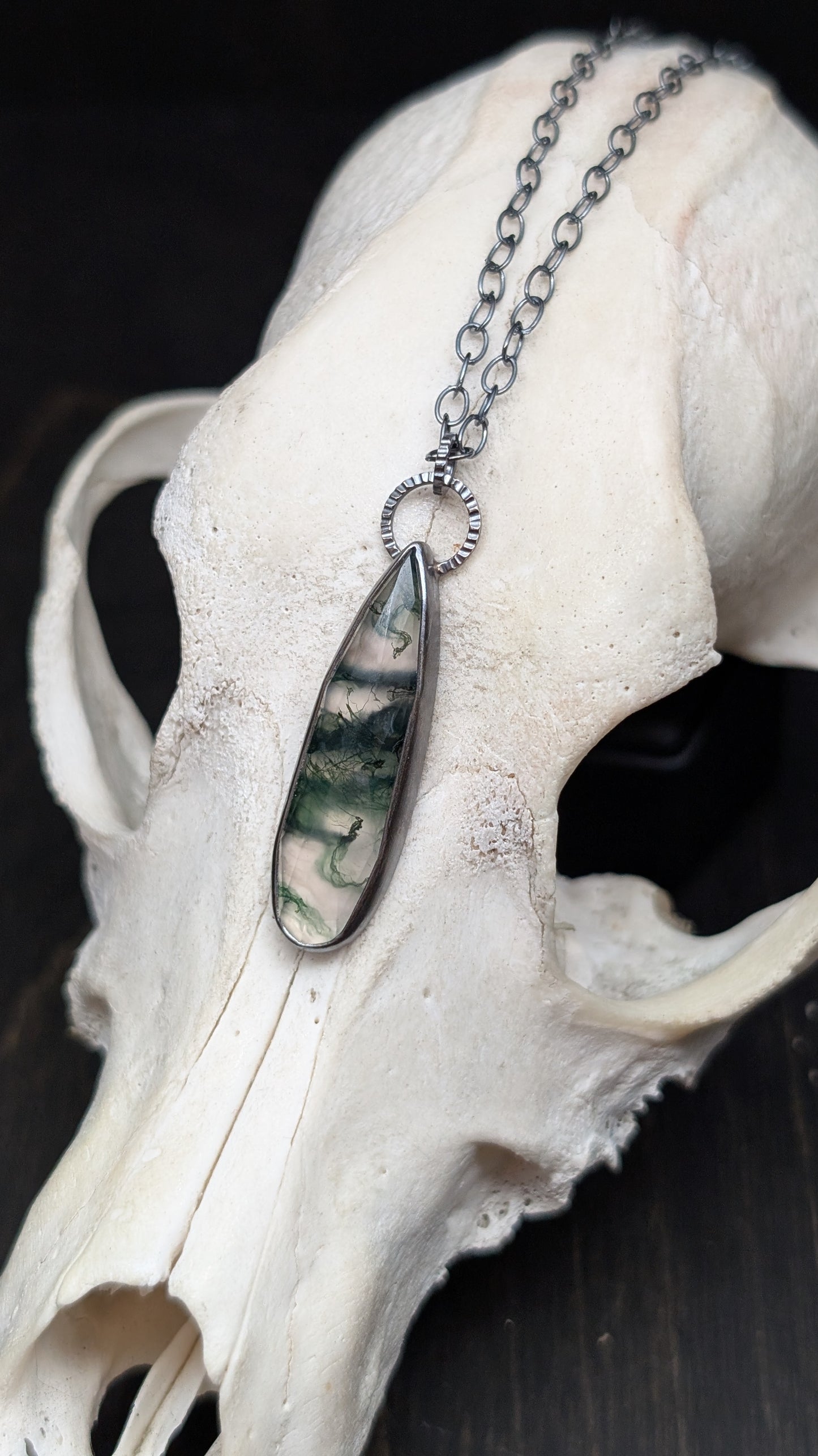Moss Agate Long Teardrop Textured Sterling Silver Necklace