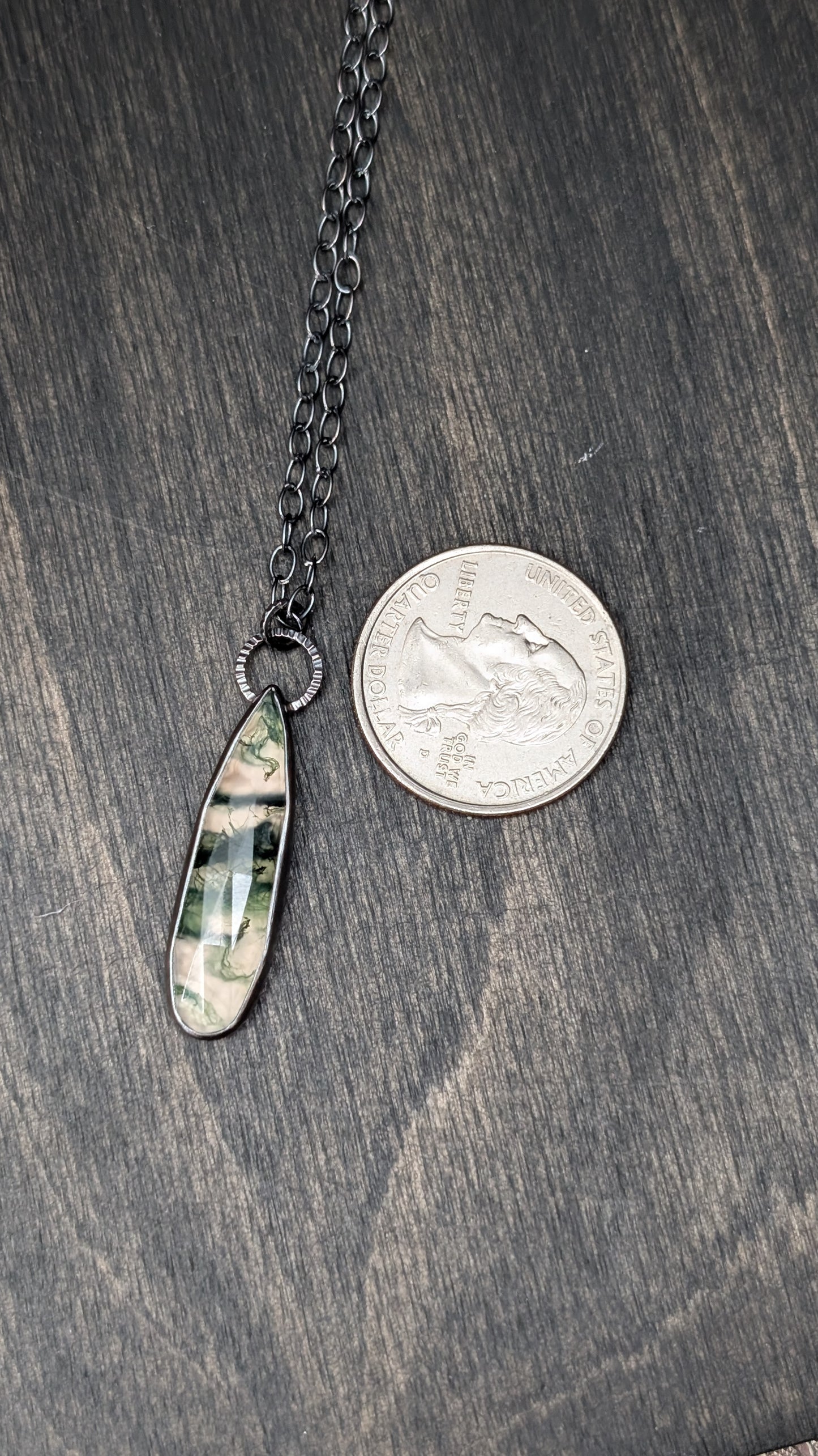 Moss Agate Long Teardrop Textured Sterling Silver Necklace