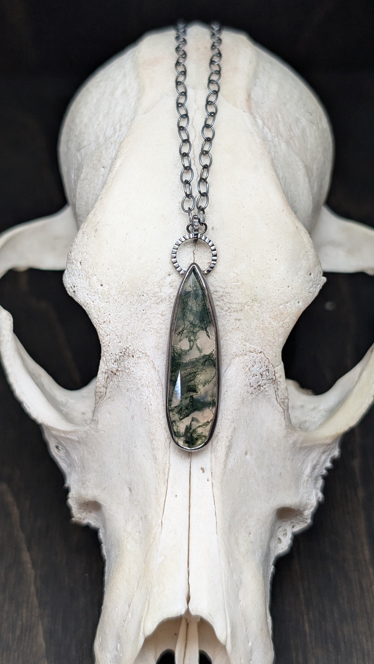 Moss Agate Long Teardrop Textured Sterling Silver Necklace