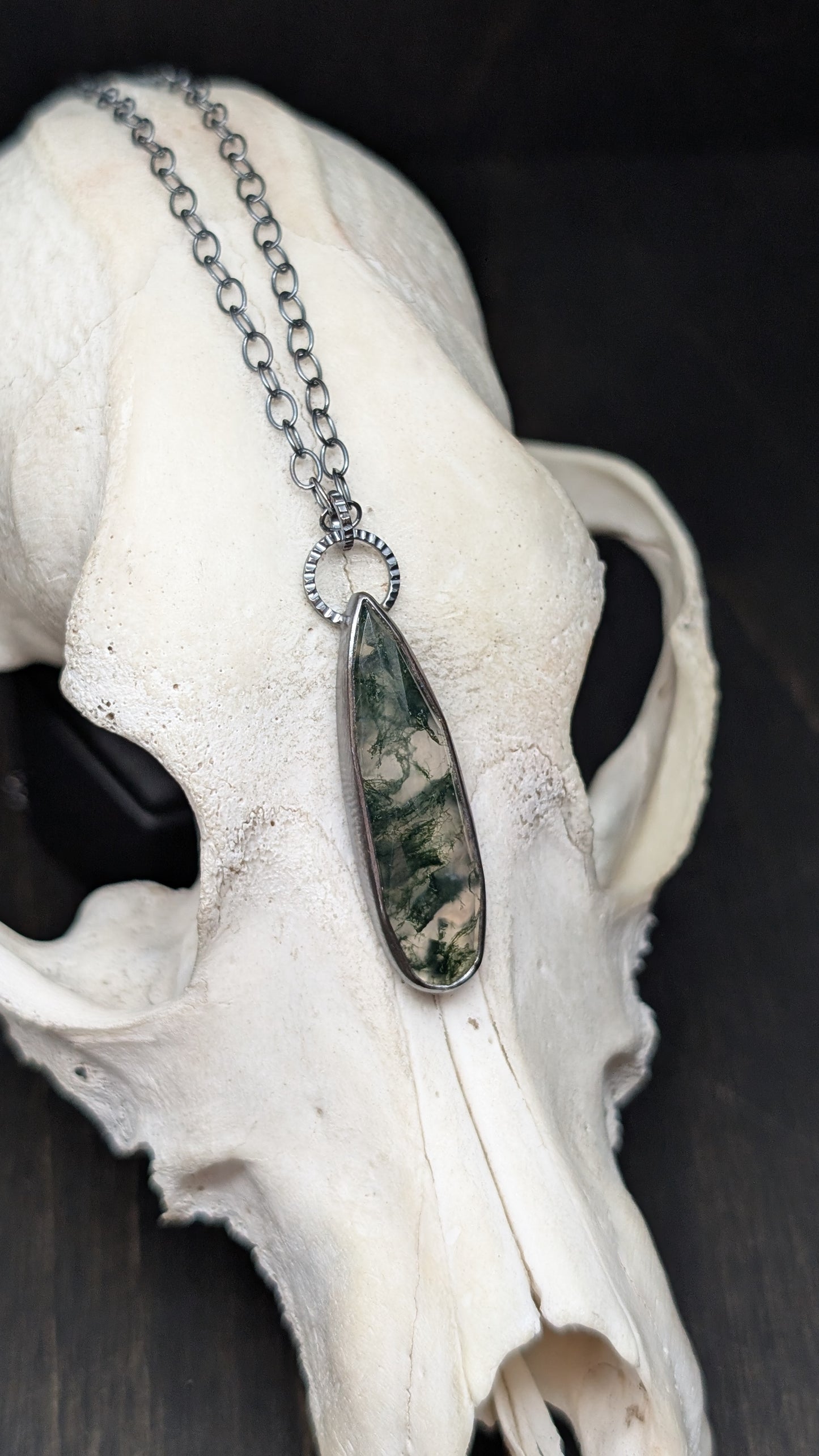 Moss Agate Long Teardrop Textured Sterling Silver Necklace