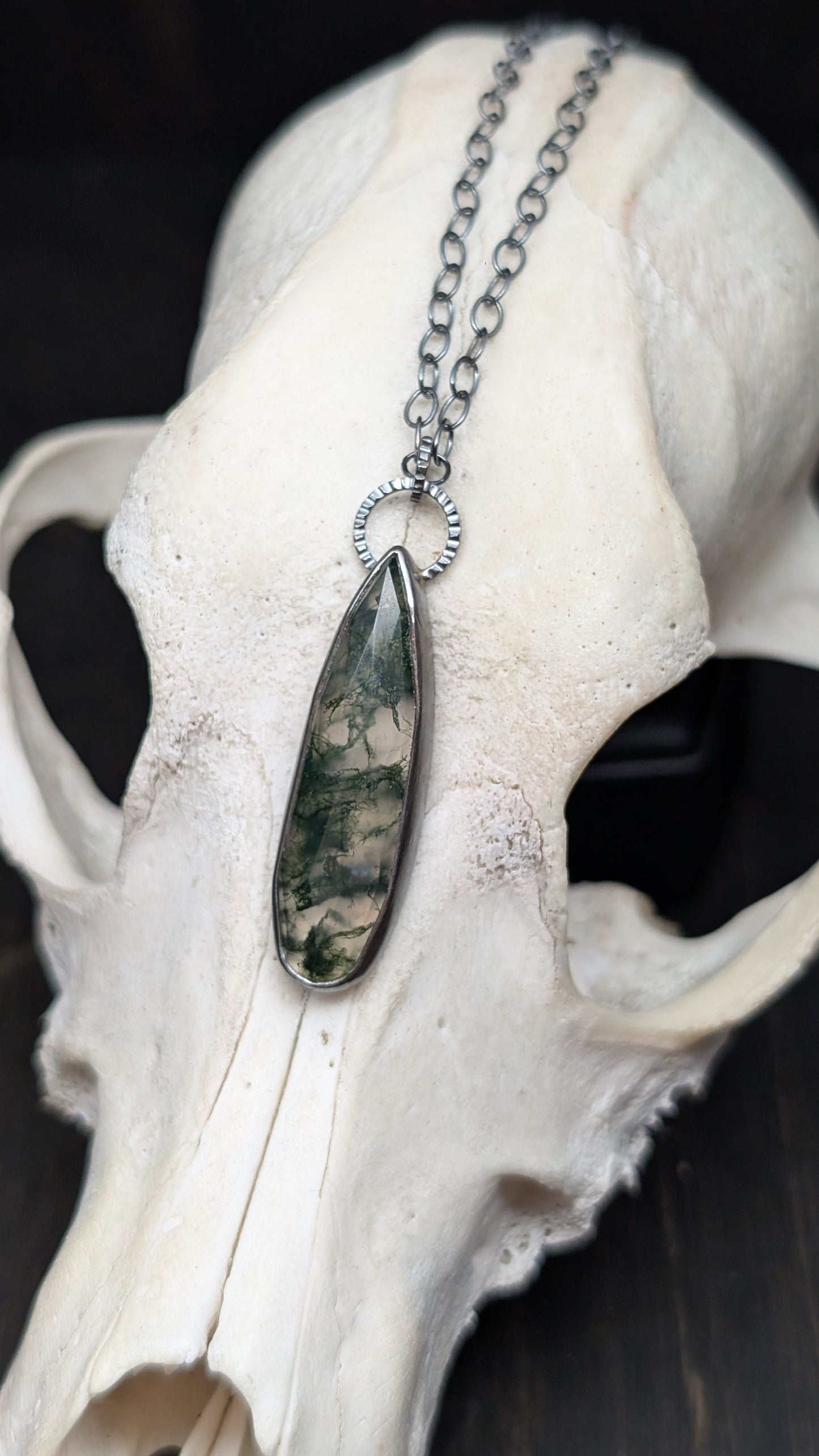 Moss Agate Long Teardrop Textured Sterling Silver Necklace