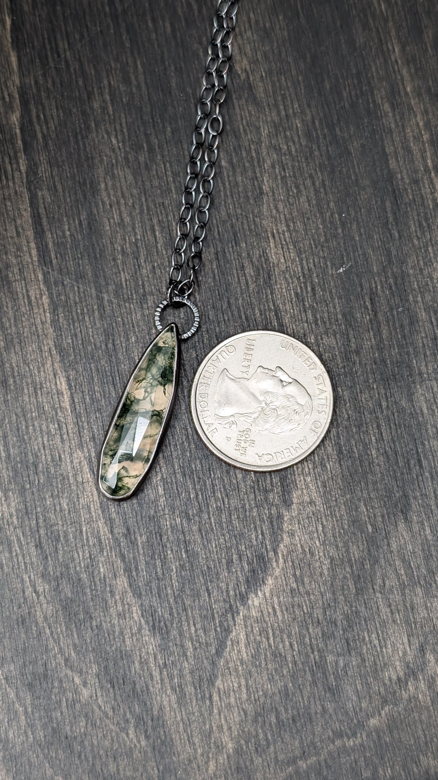 Moss Agate Long Teardrop Textured Sterling Silver Necklace