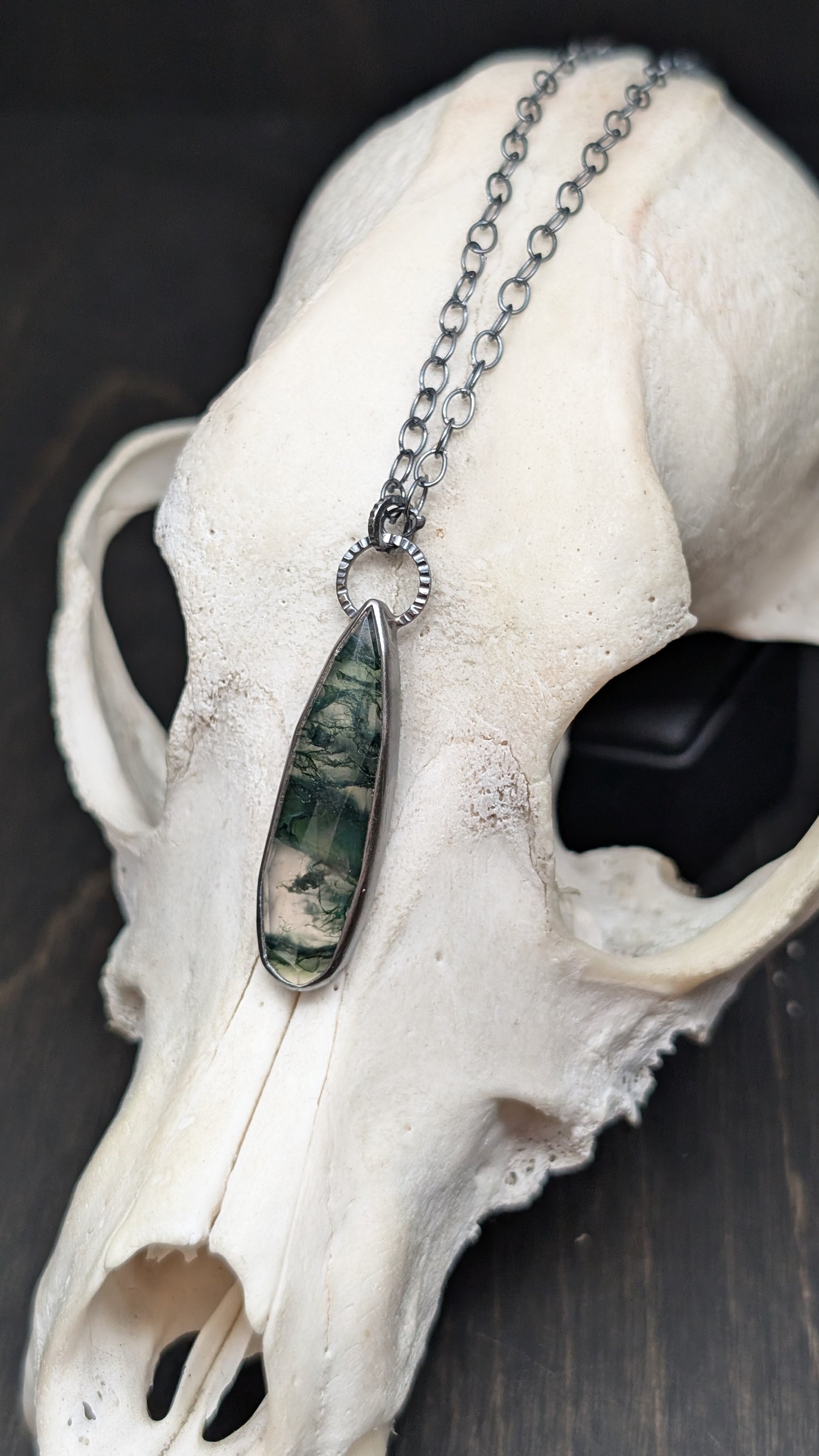 Moss Agate Long Teardrop Textured Sterling Silver Necklace