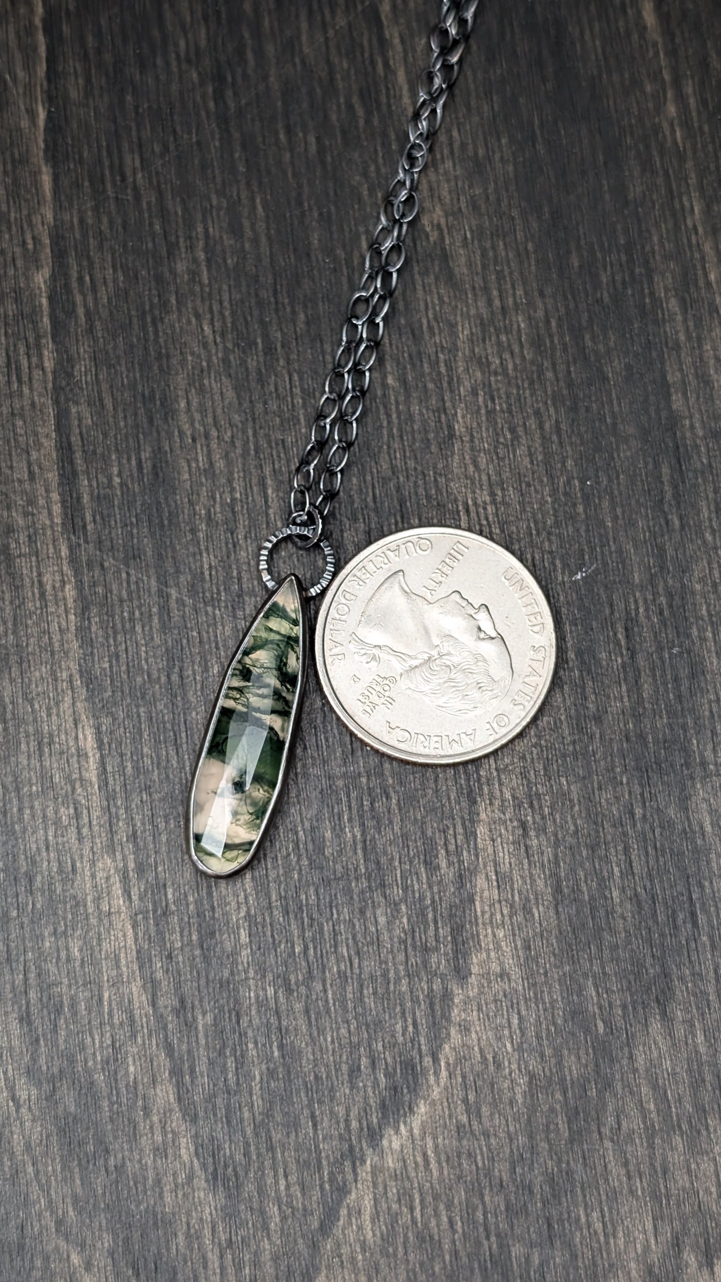 Moss Agate Long Teardrop Textured Sterling Silver Necklace