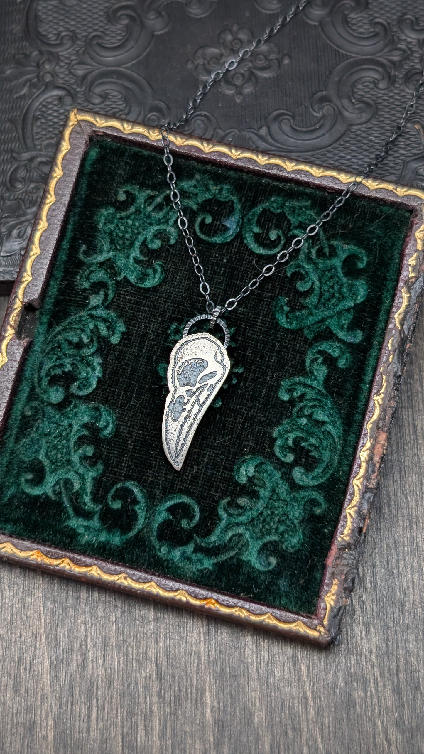 Raven Skull Sterling Silver Etched Necklace