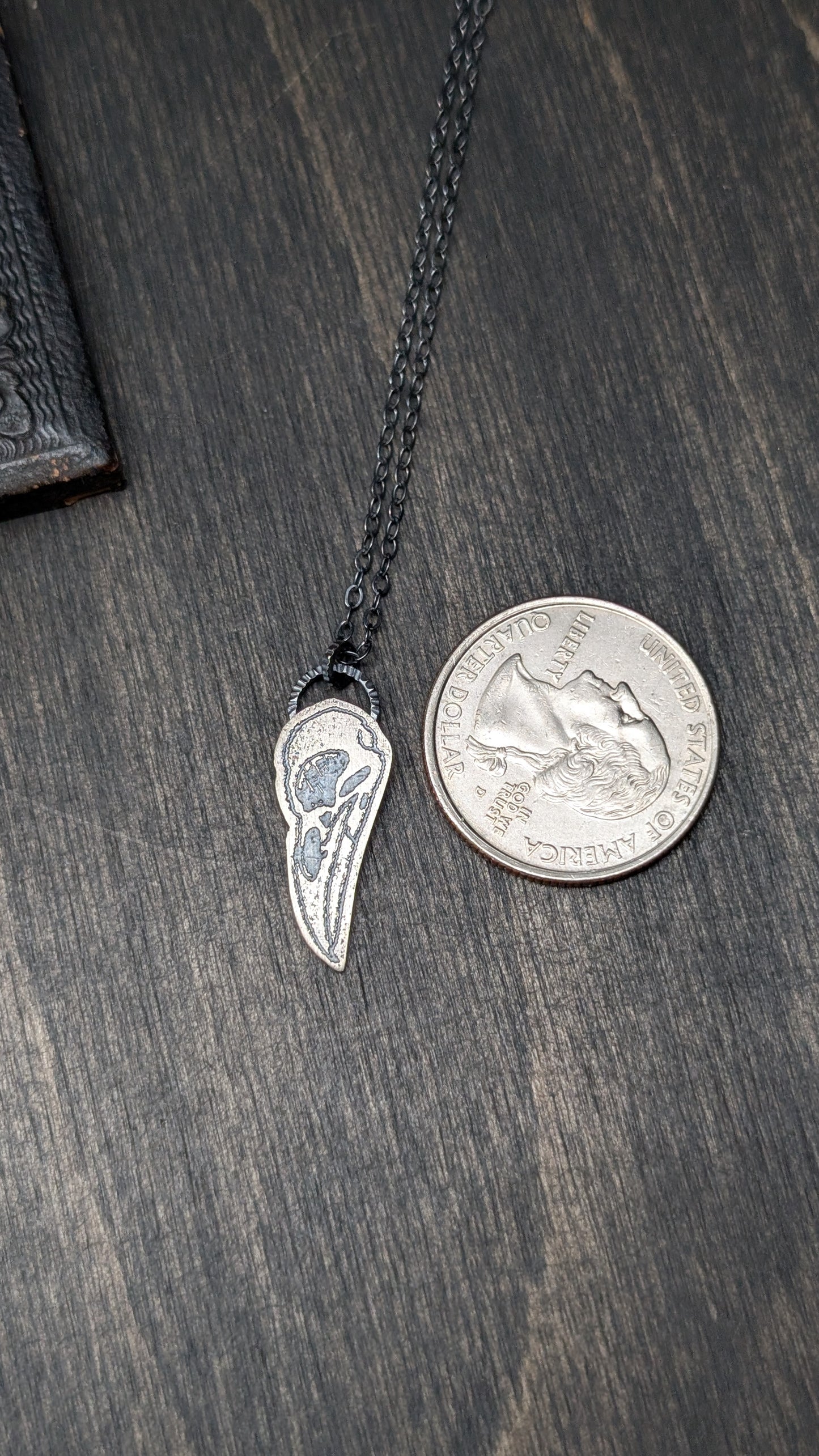 Raven Skull Sterling Silver Etched Necklace