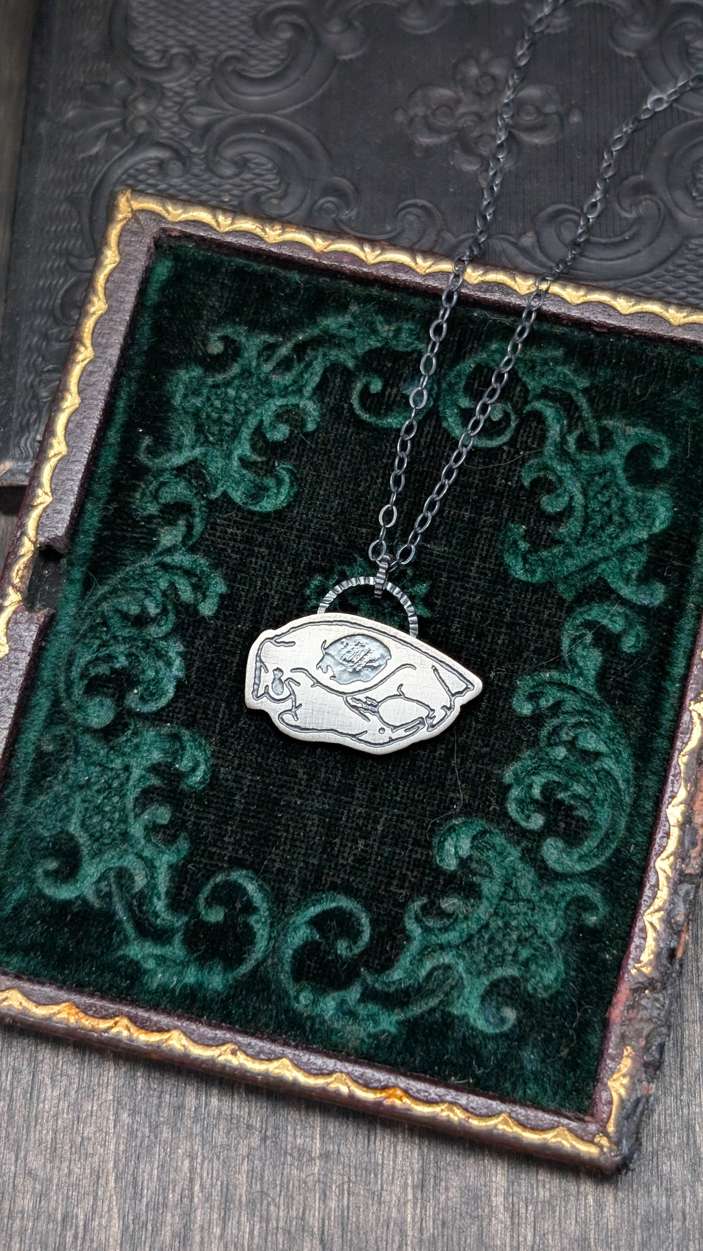 Squirrel Skull Sterling Silver Etched Necklace
