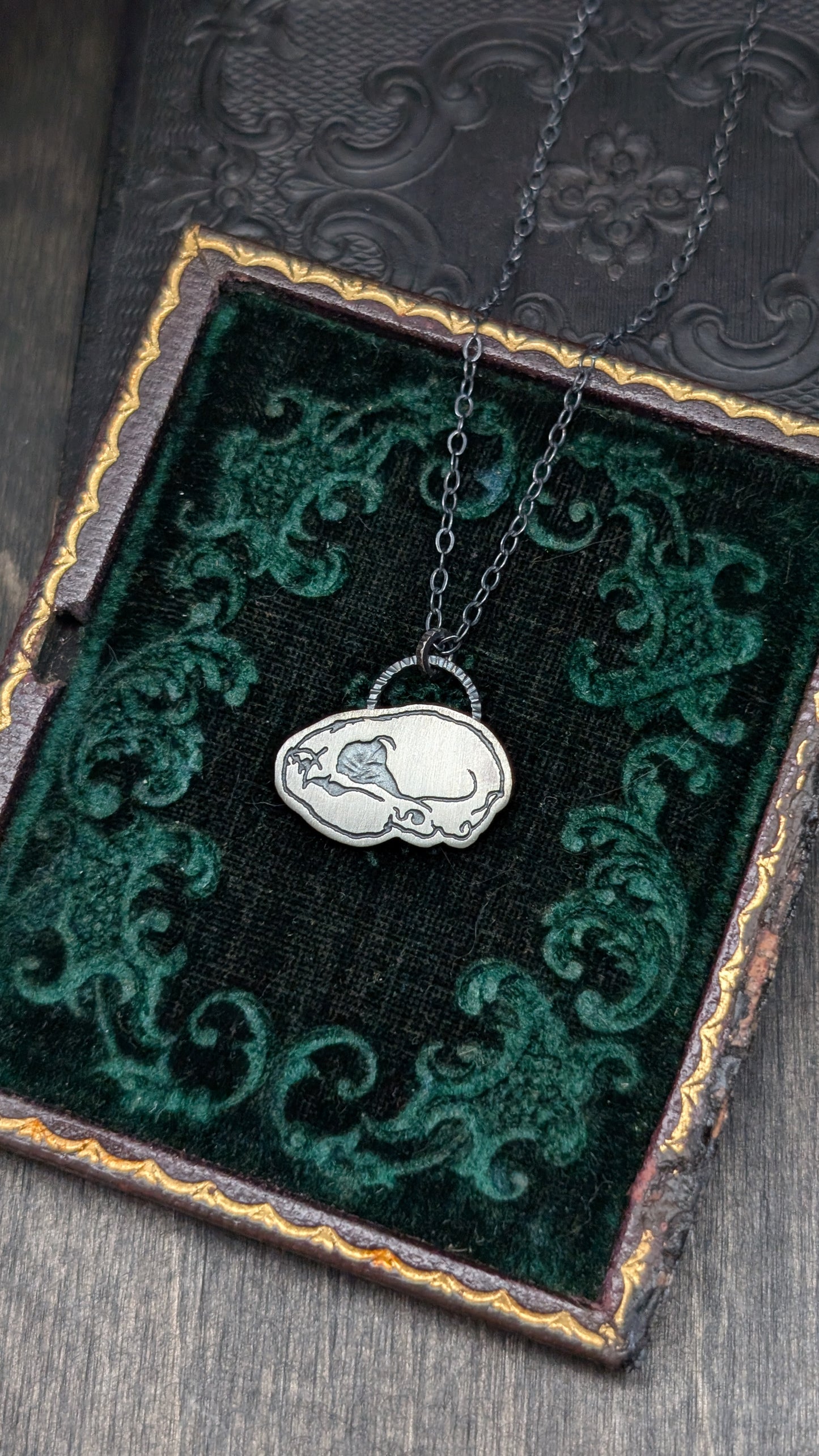 Vampire Bat Skull Sterling Silver Etched Necklace