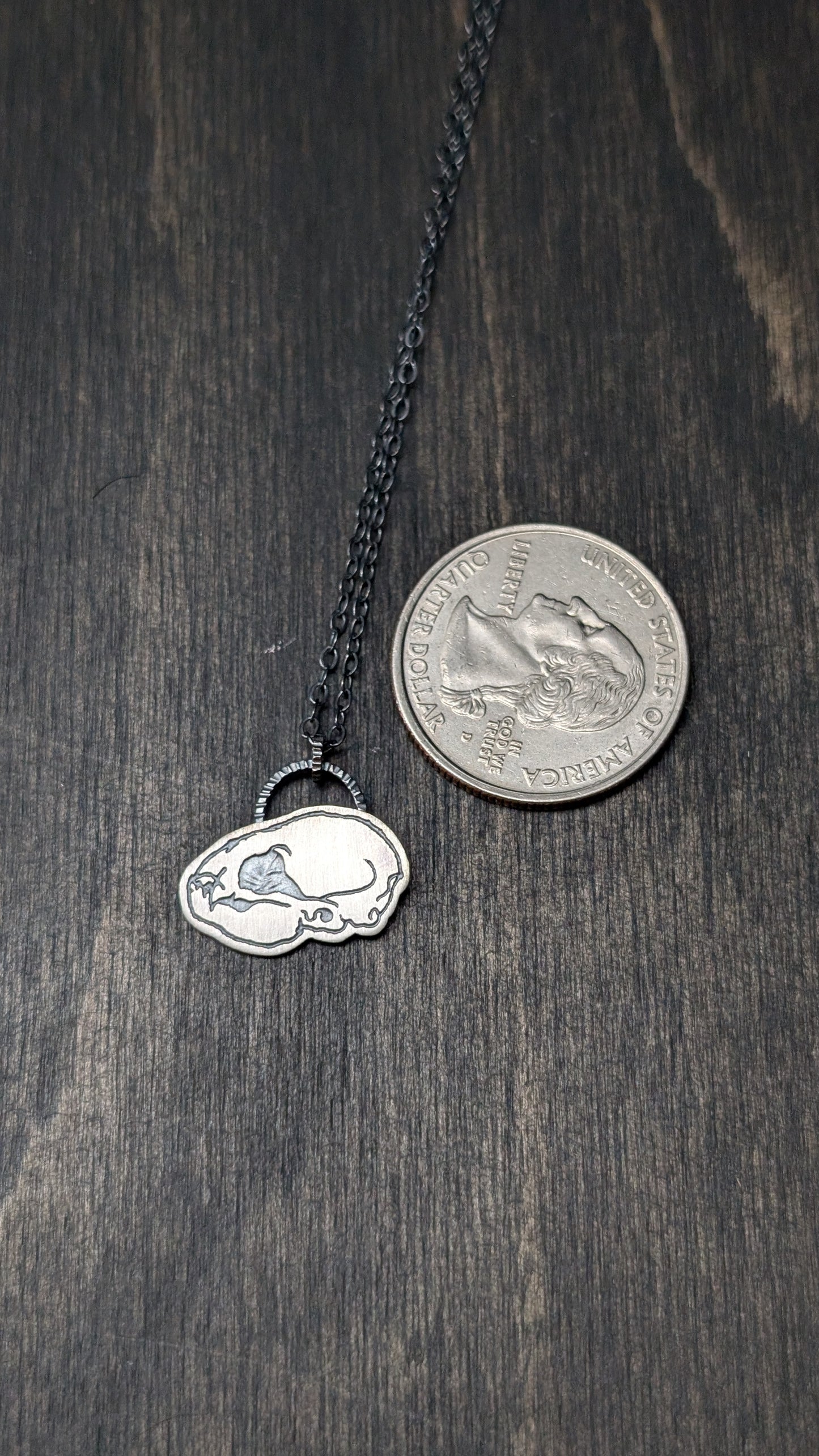 Vampire Bat Skull Sterling Silver Etched Necklace