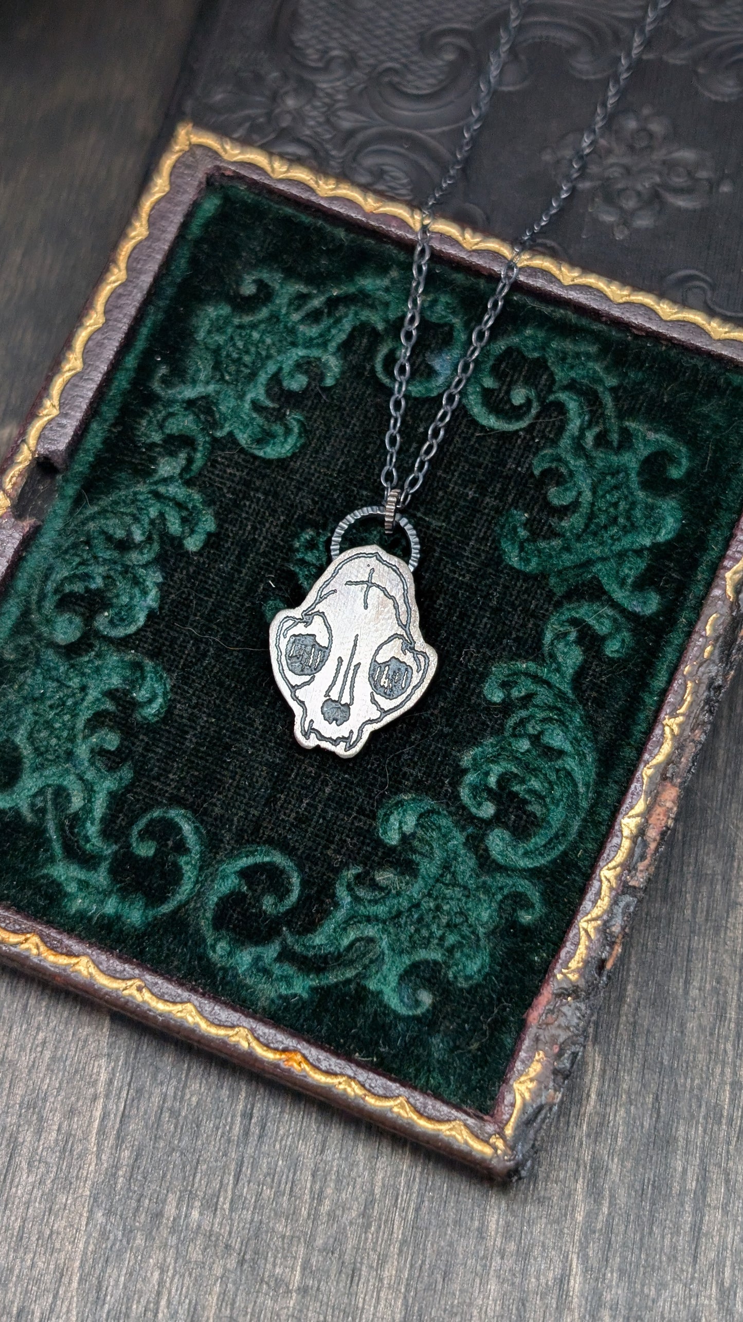Cat Skull Sterling Silver Etched Necklace