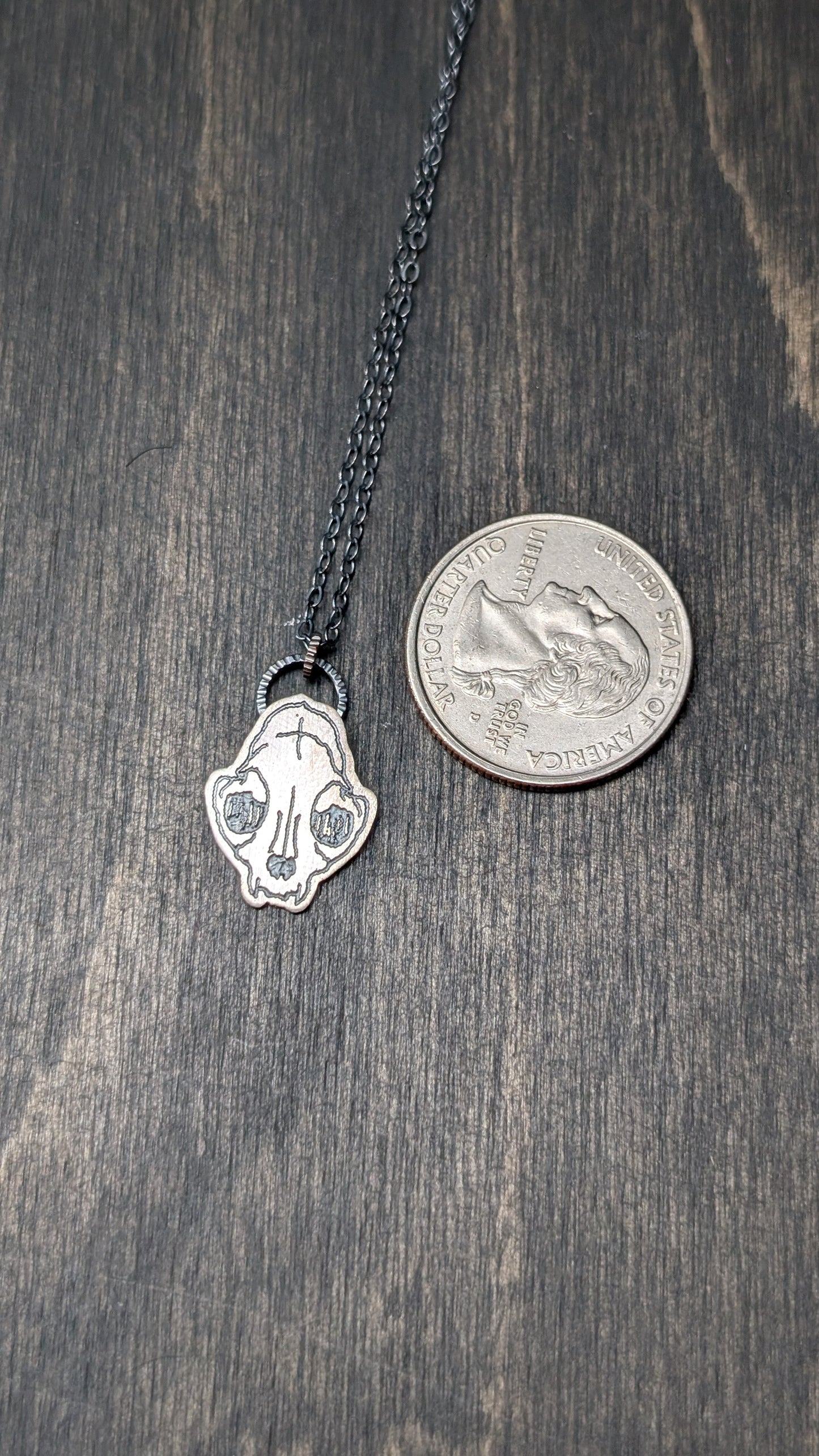 Cat Skull Sterling Silver Etched Necklace