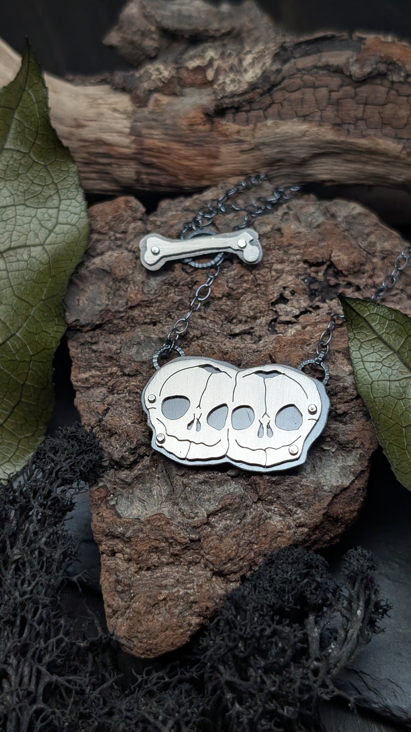 Conjoined Twins Sterling Silver Riveted Skull Necklace