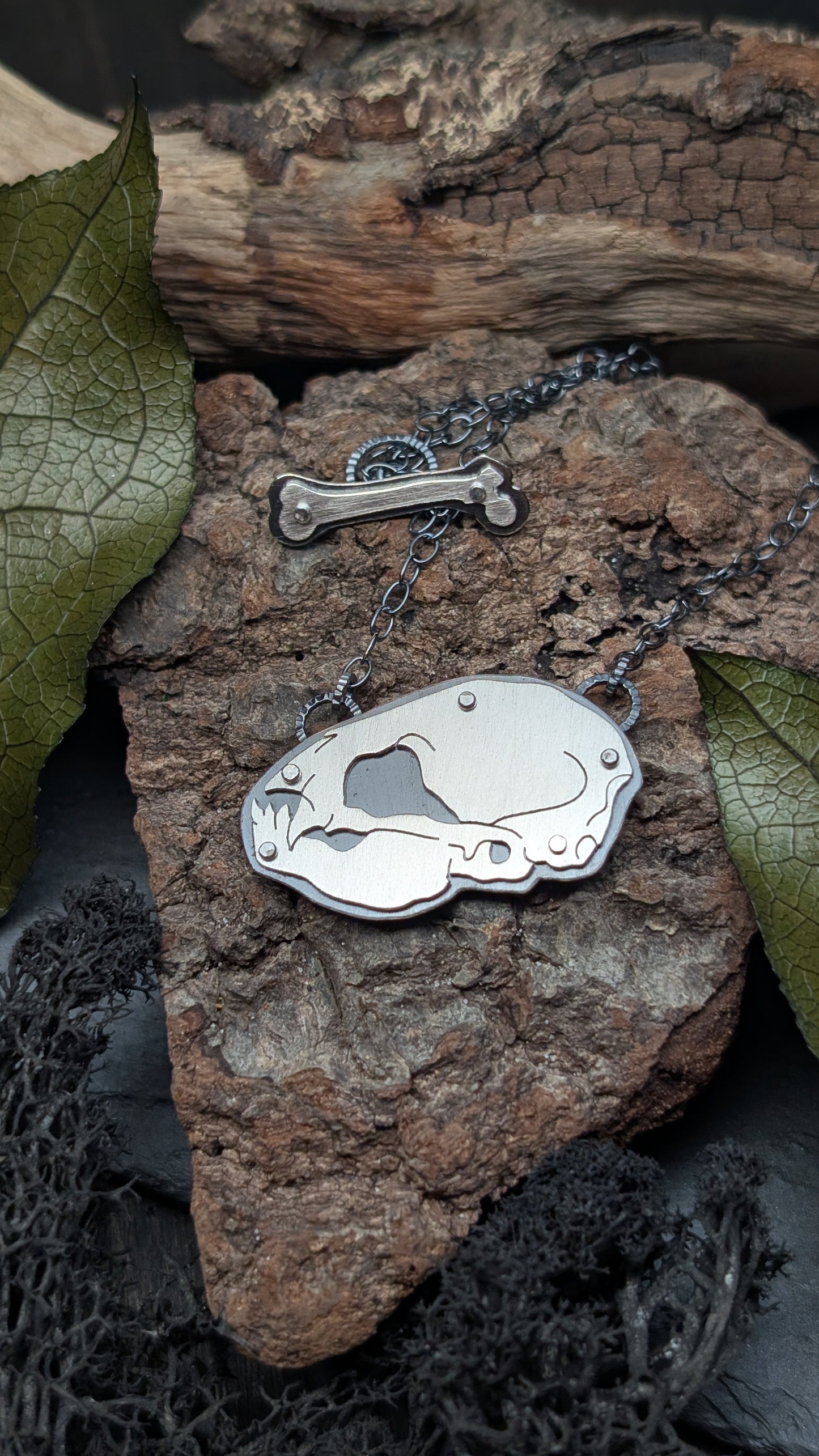 Vampire Bat Sterling Silver Riveted Skull Necklace