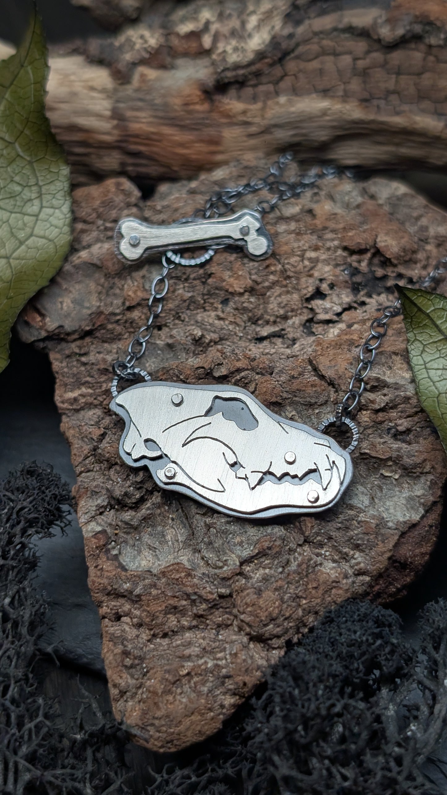 Wolf Sterling Silver Riveted Skull Necklace
