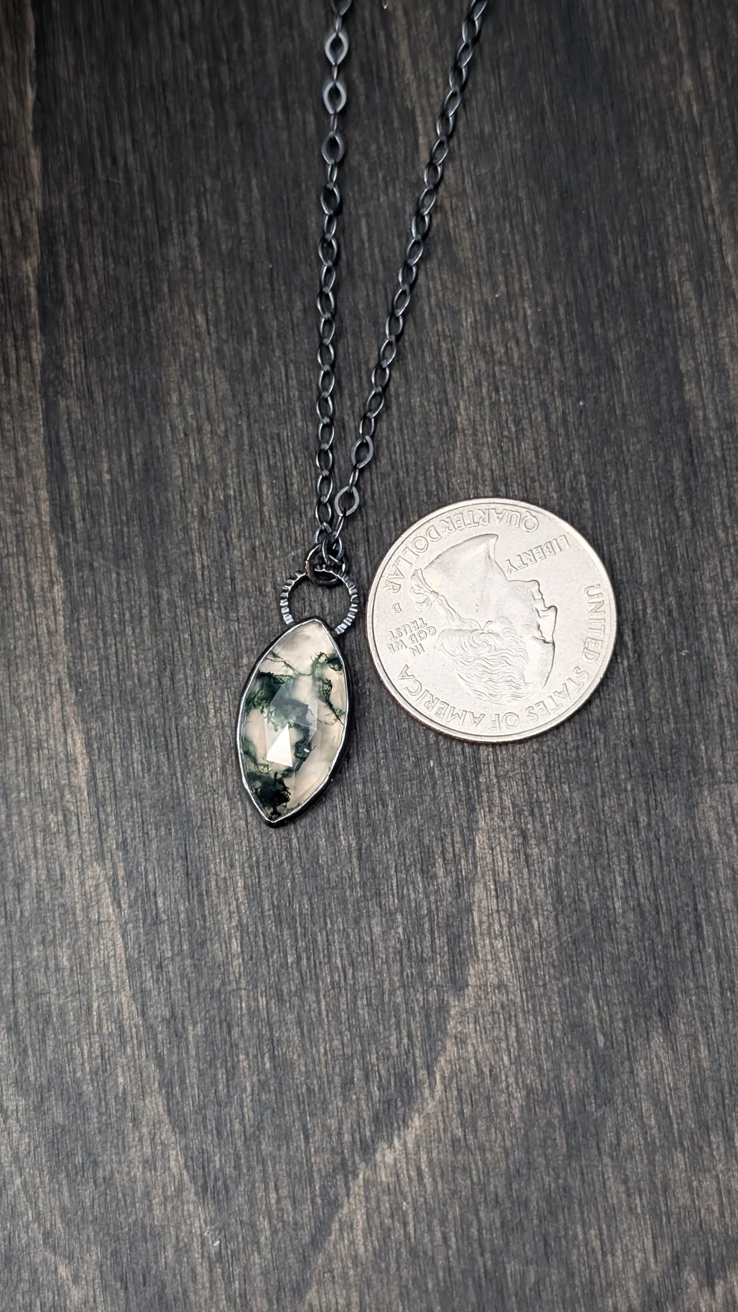 Moss Agate Marquise Textured Sterling Silver Necklace