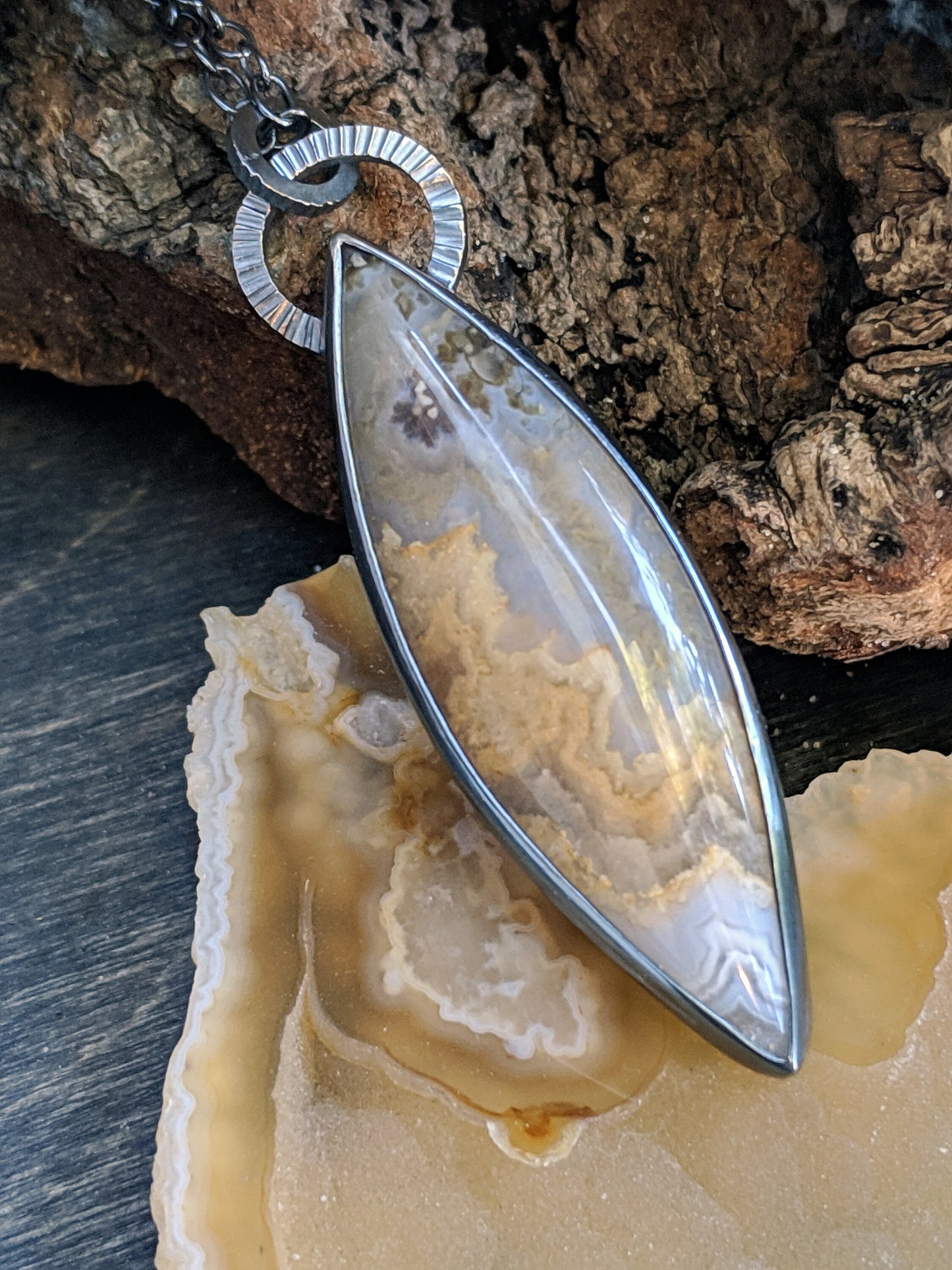 Prudent Man Plume Agate with Textured Details and Extra Long Oxidized Silver Necklace
