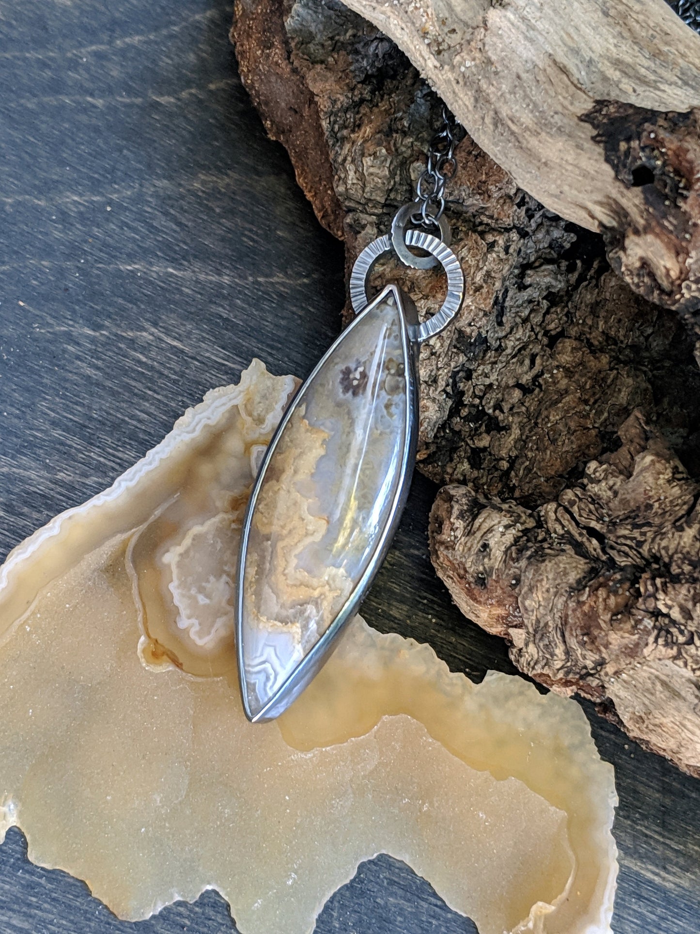 Prudent Man Plume Agate with Textured Details and Extra Long Oxidized Silver Necklace