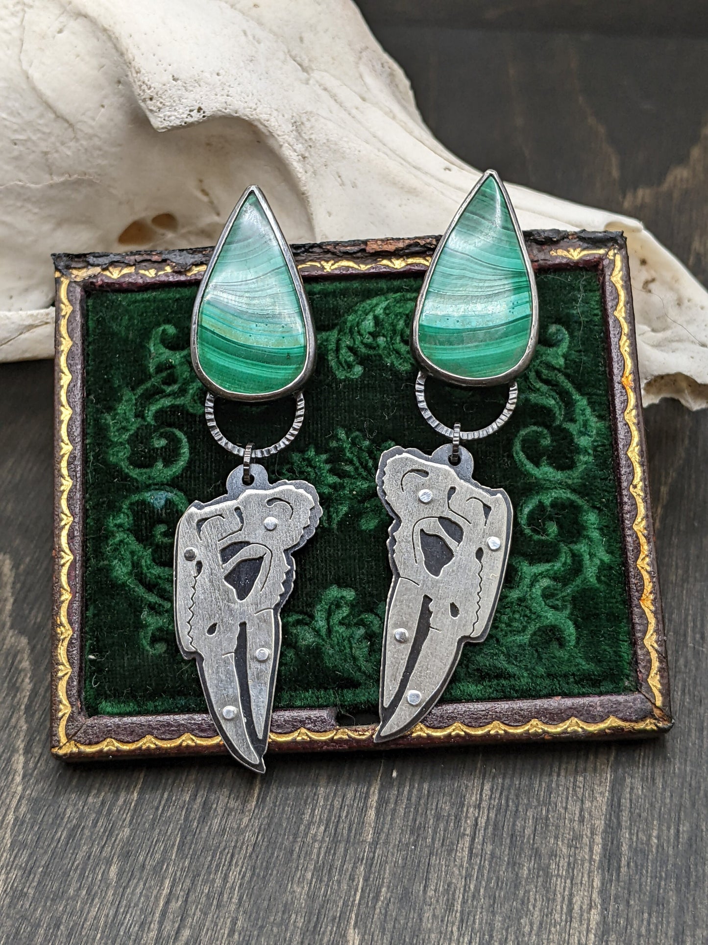 Riveted Chameleon Skull with Malachite Dangle Drop Stud Earrings