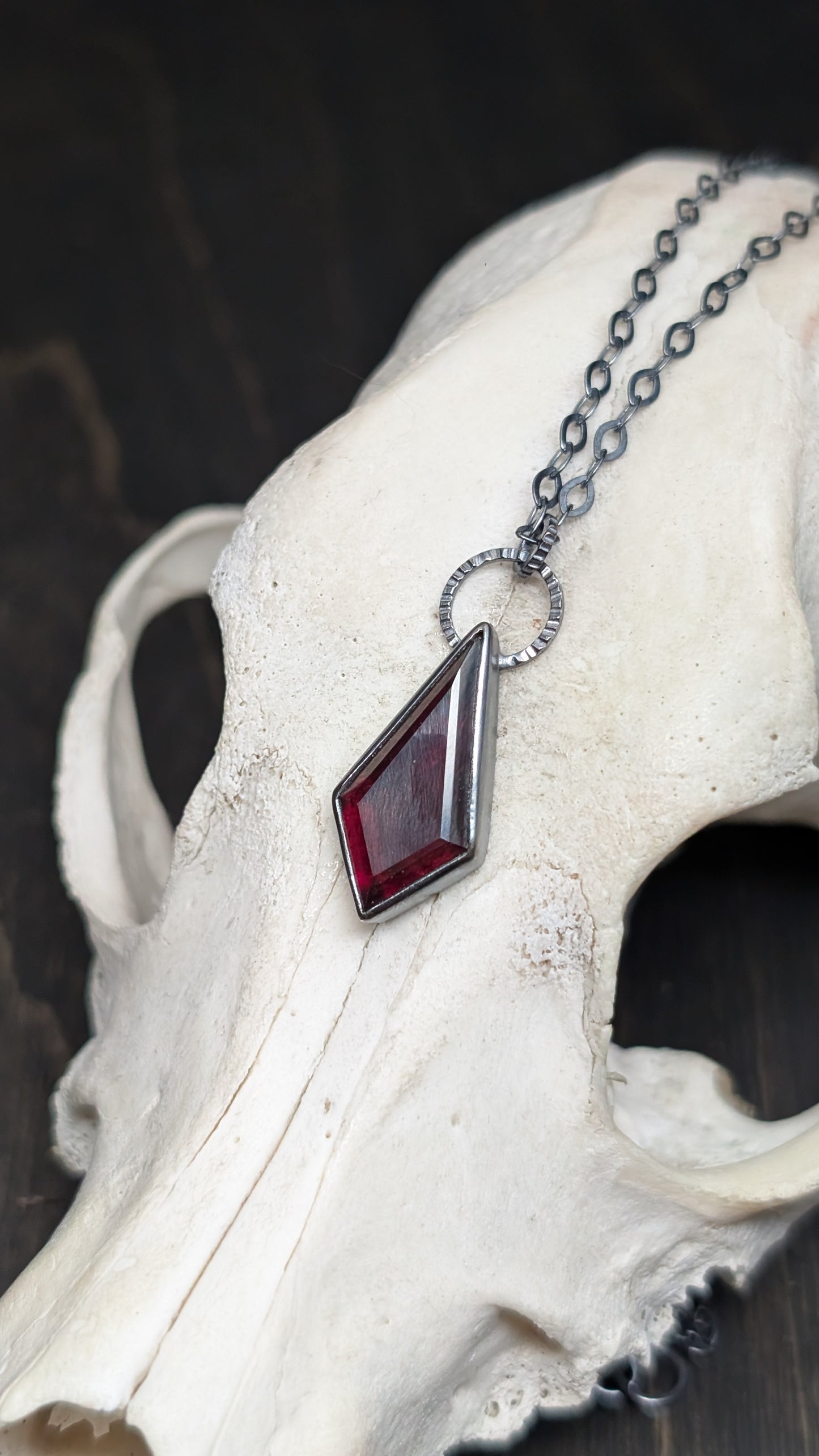 Large Garnet Kite Textured Sterling Silver Necklace