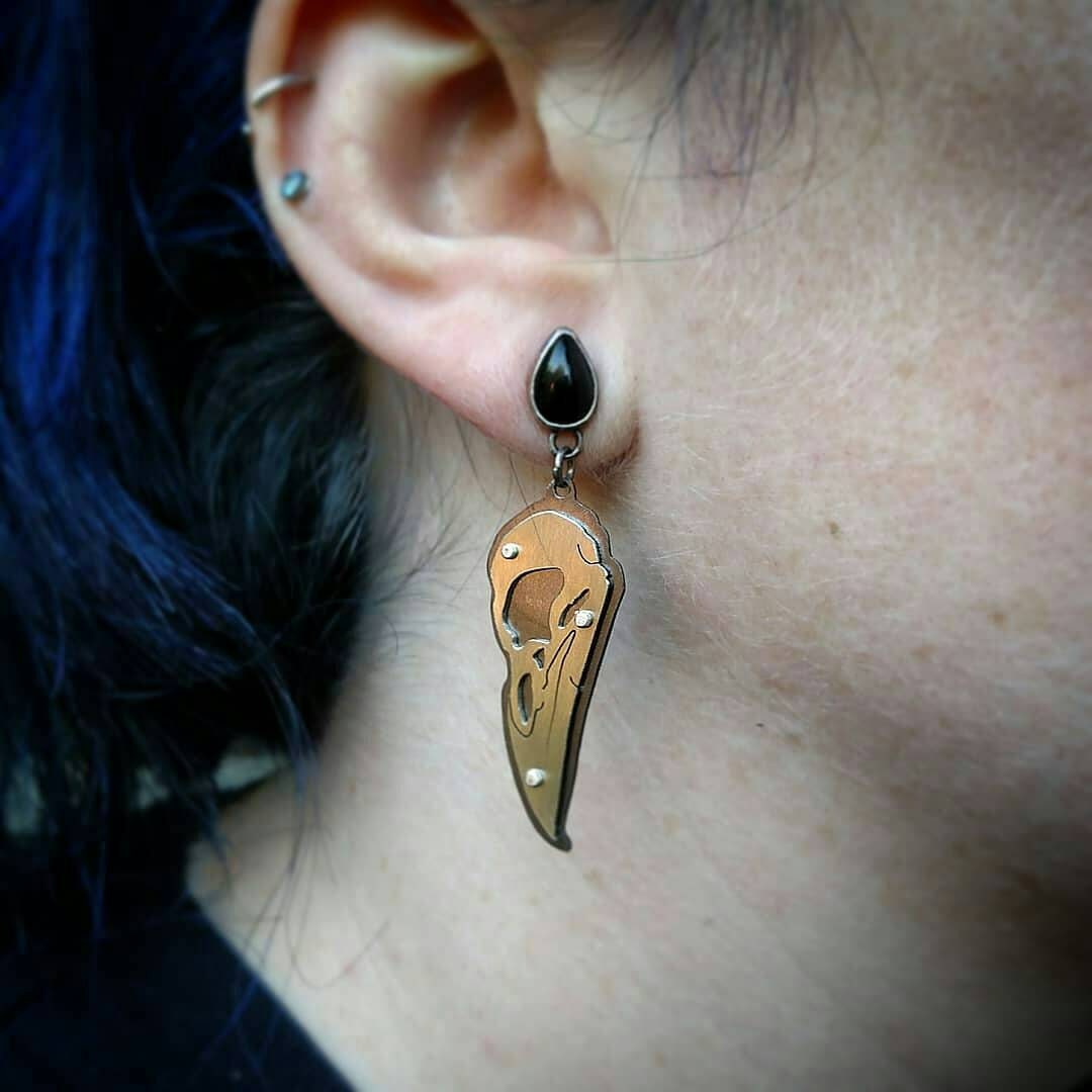 Riveted Raven Skull and Black Onyx Dangle Drop Stud Earrings
