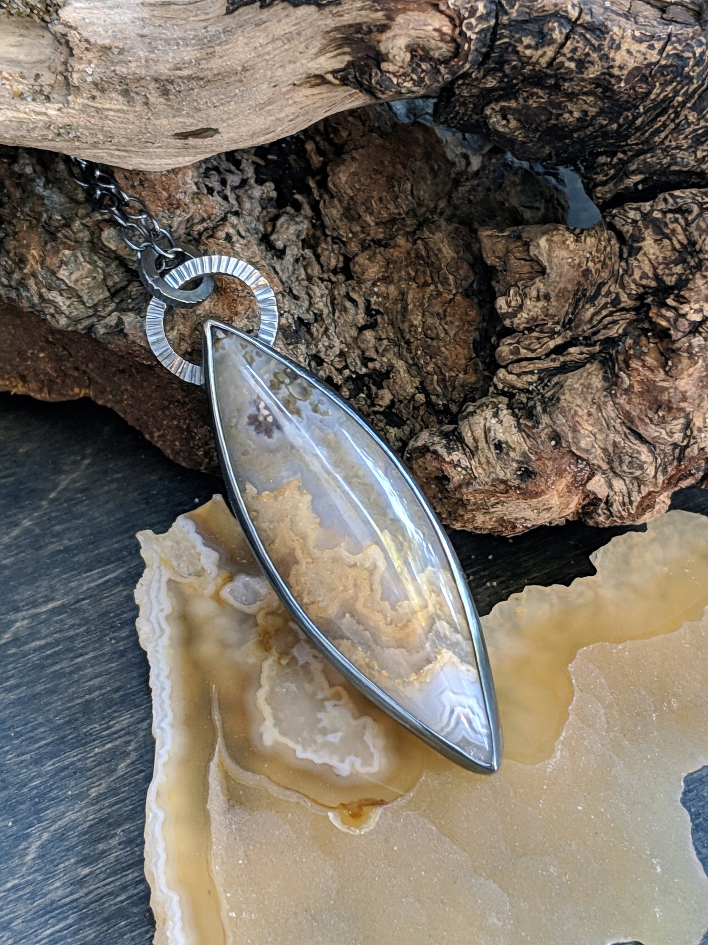 Prudent Man Plume Agate with Textured Details and Extra Long Oxidized Silver Necklace