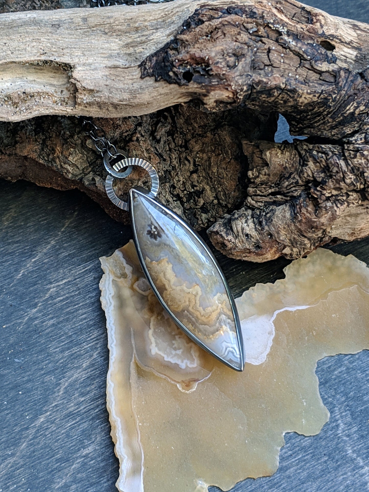 Prudent Man Plume Agate with Textured Details and Extra Long Oxidized Silver Necklace