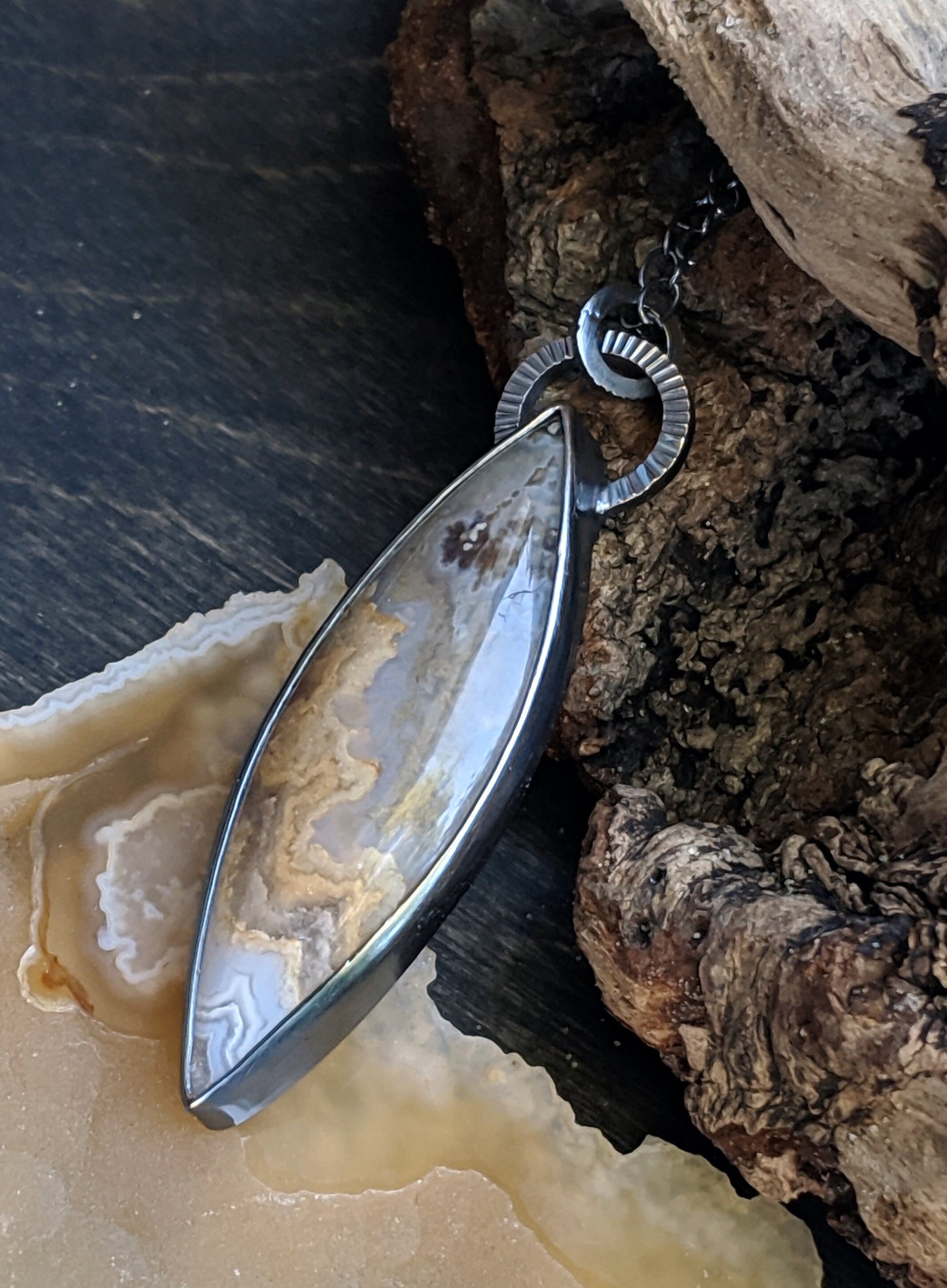 Prudent Man Plume Agate with Textured Details and Extra Long Oxidized Silver Necklace