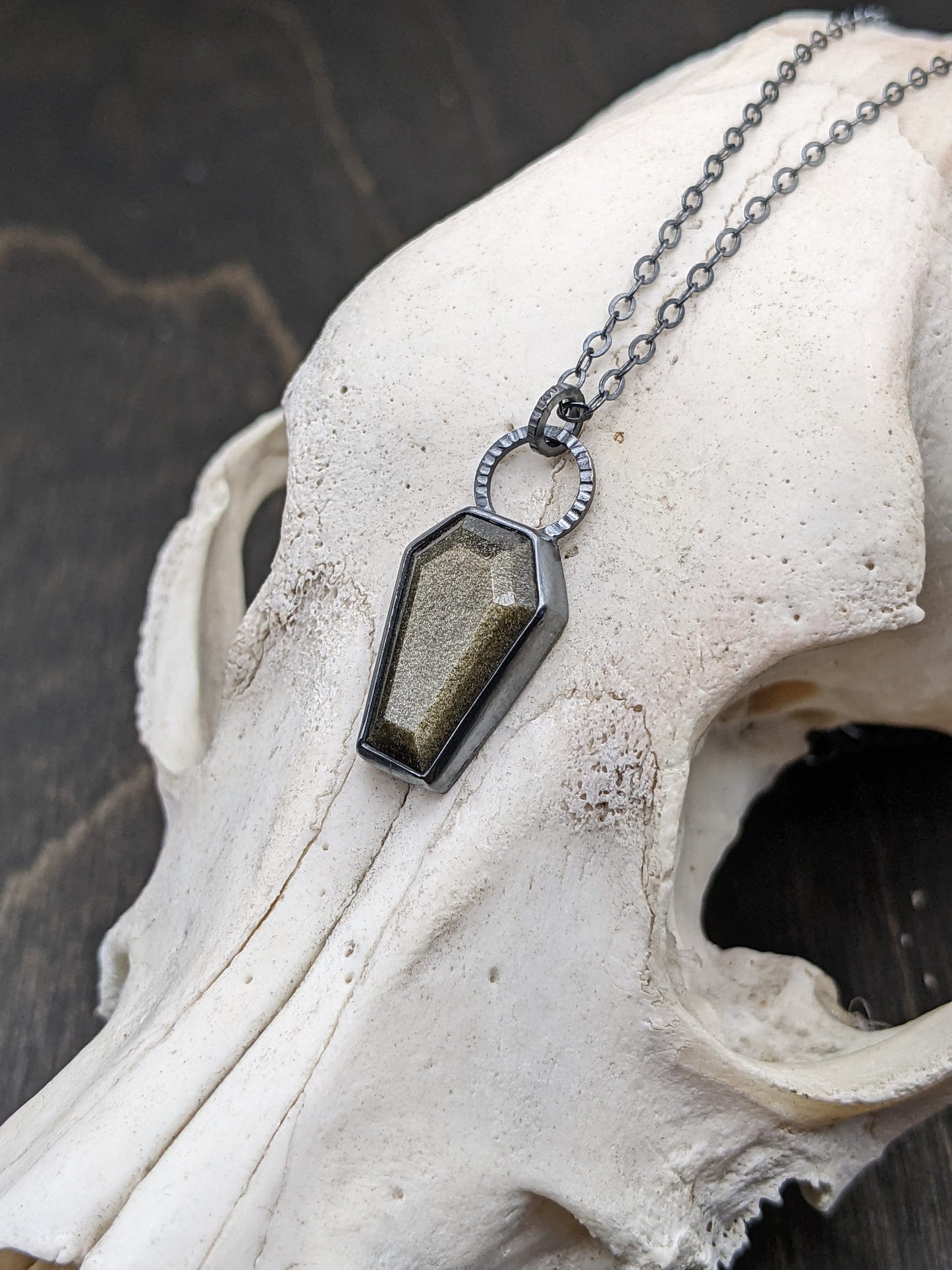 Gold Sheen Obsidian Coffin Textured Sterling Silver Necklace