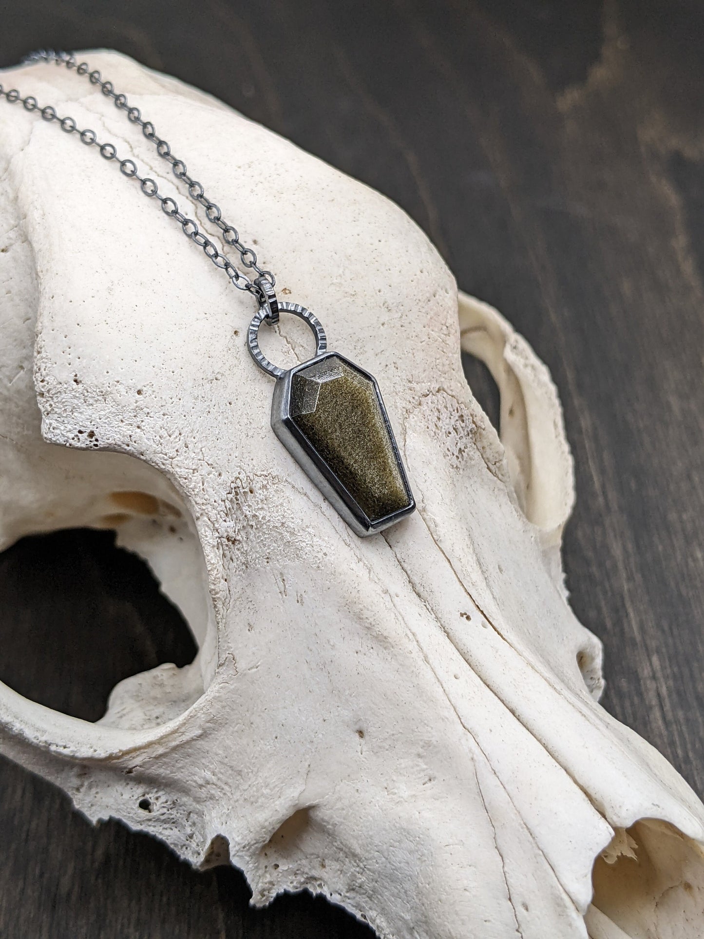 Gold Sheen Obsidian Coffin Textured Sterling Silver Necklace