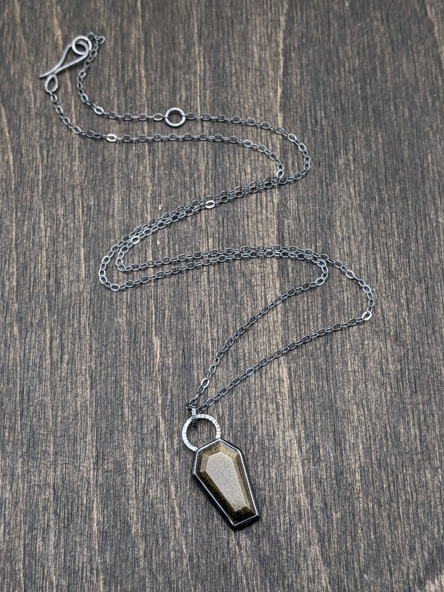 Gold Sheen Obsidian Coffin Textured Sterling Silver Necklace
