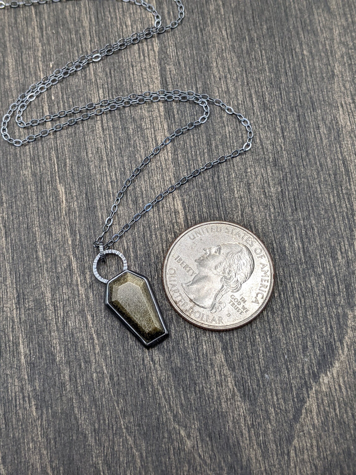 Gold Sheen Obsidian Coffin Textured Sterling Silver Necklace